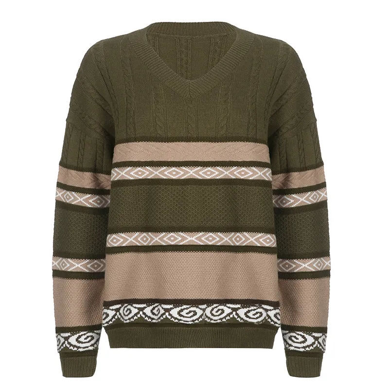 Advbridge frat outfits American Retro Mori Girl V-neck Lace Pattern Contrast Color Soft Glutinous Loose Top Lazy Style Autumn and Winter All-Matching Sweater