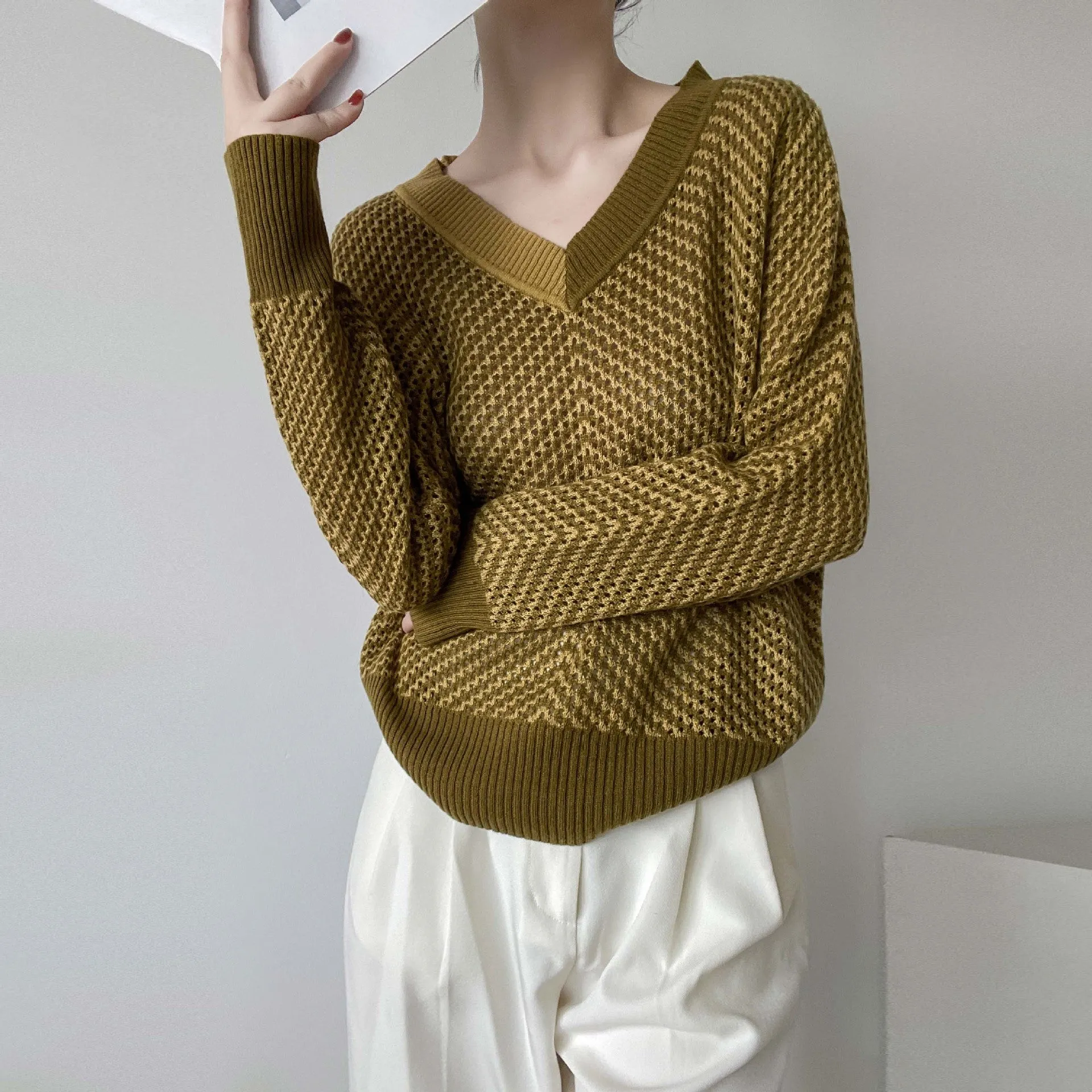 Amozae discover style ideas Knitted Women's Slim Fit Versatile Korean Style Fashion Hollow Design Pullover Autumn Thread Texture Slimming