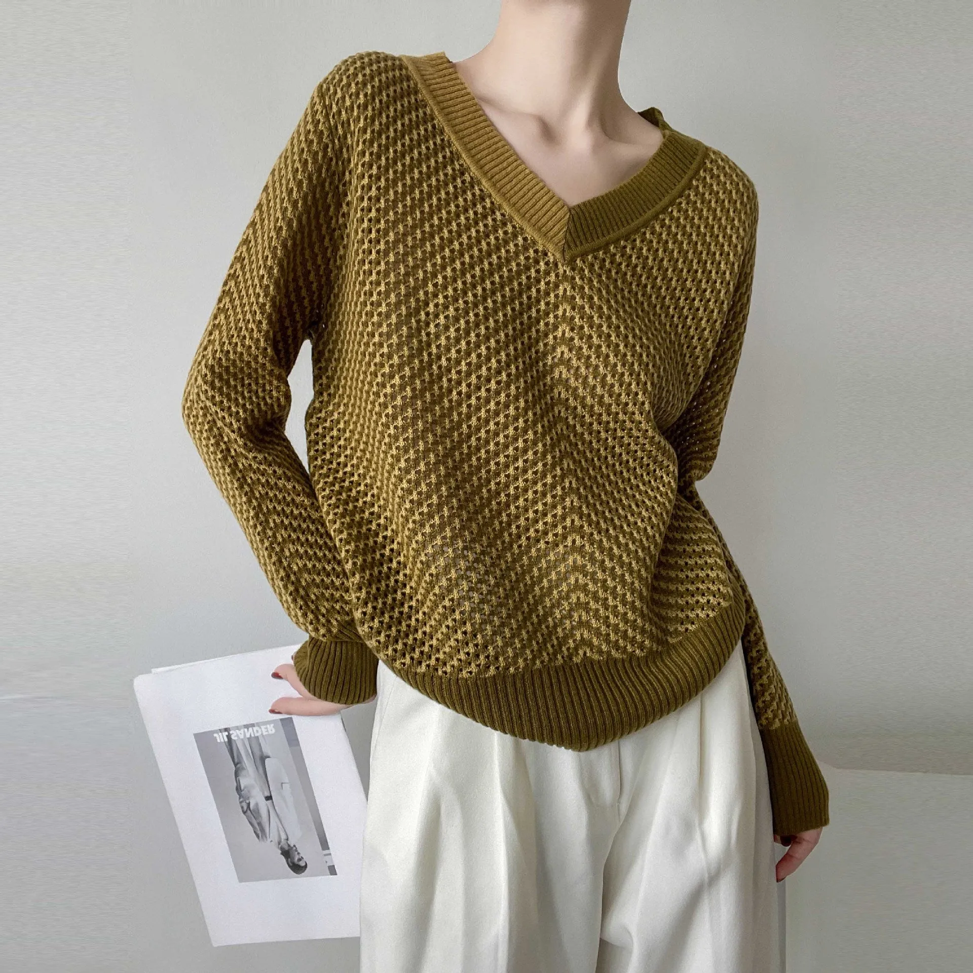 Amozae discover style ideas Knitted Women's Slim Fit Versatile Korean Style Fashion Hollow Design Pullover Autumn Thread Texture Slimming