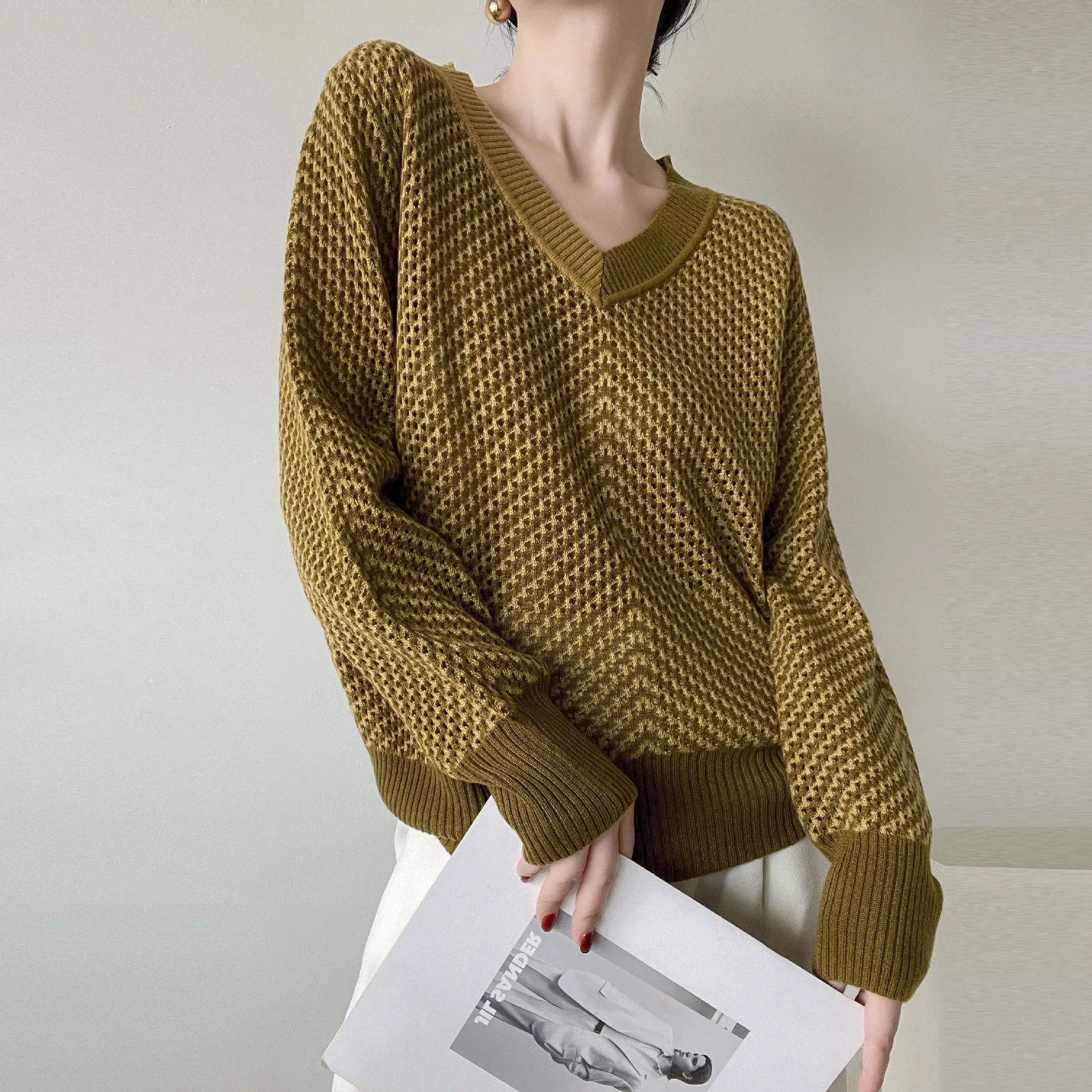 Amozae discover style ideas Knitted Women's Slim Fit Versatile Korean Style Fashion Hollow Design Pullover Autumn Thread Texture Slimming