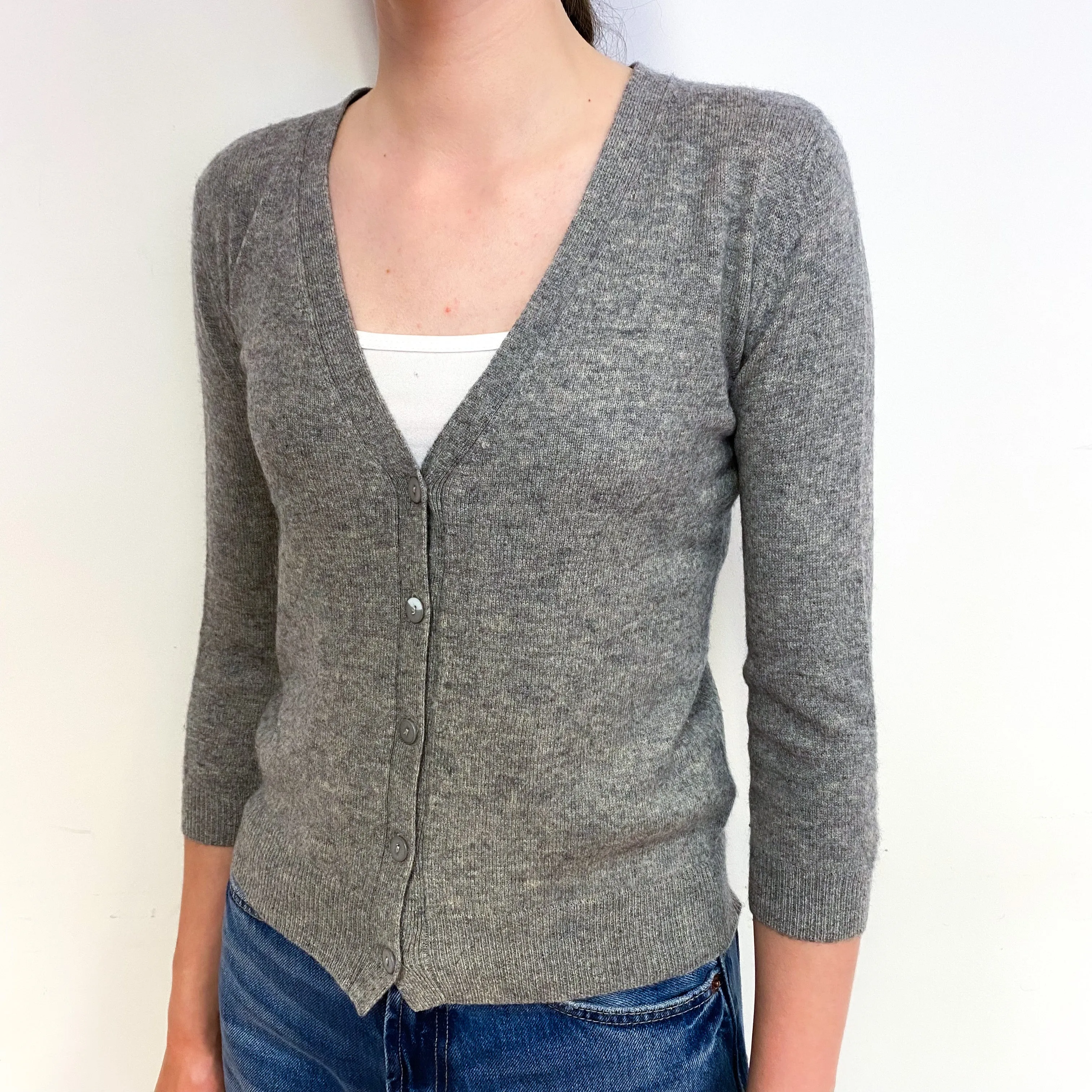 Ash Grey 3/4 Sleeve Cashmere V-Neck Cardigan Extra Small