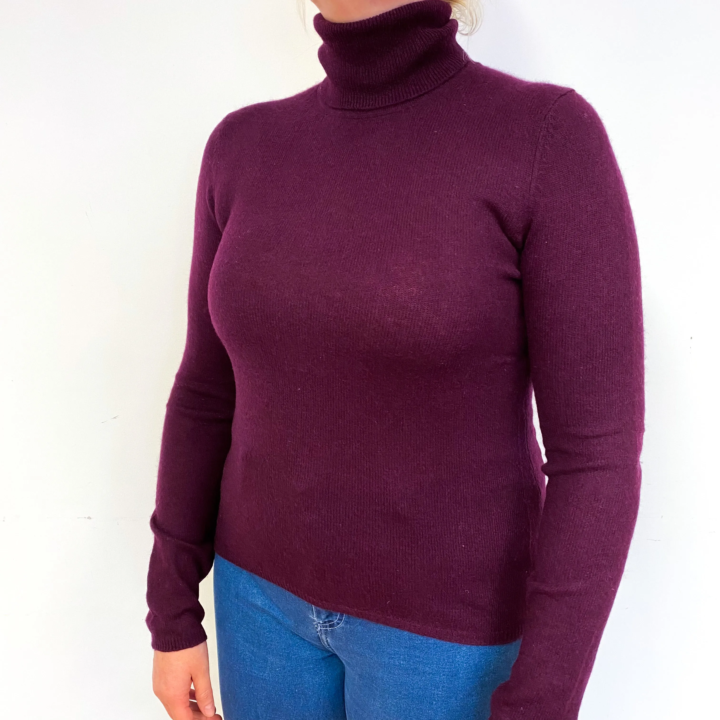Aubergine Purple Cashmere Polo Neck Jumper Large