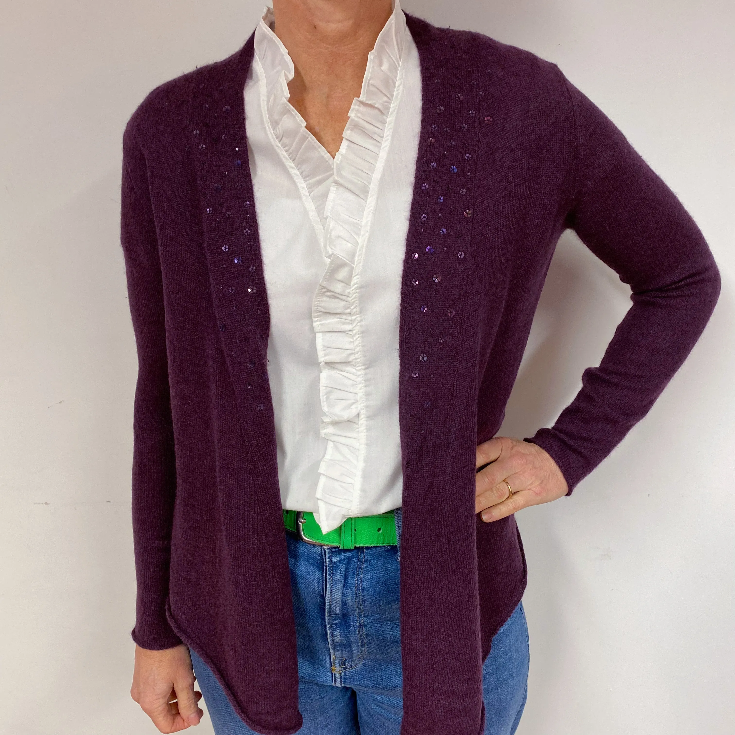 Aubergine Purple Sequin Cashmere Edge to Edge Cardigan Medium