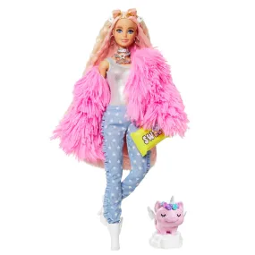 Barbie Extra Doll #3 - Pink Fluffy Coat with Unicorn Pig Pet