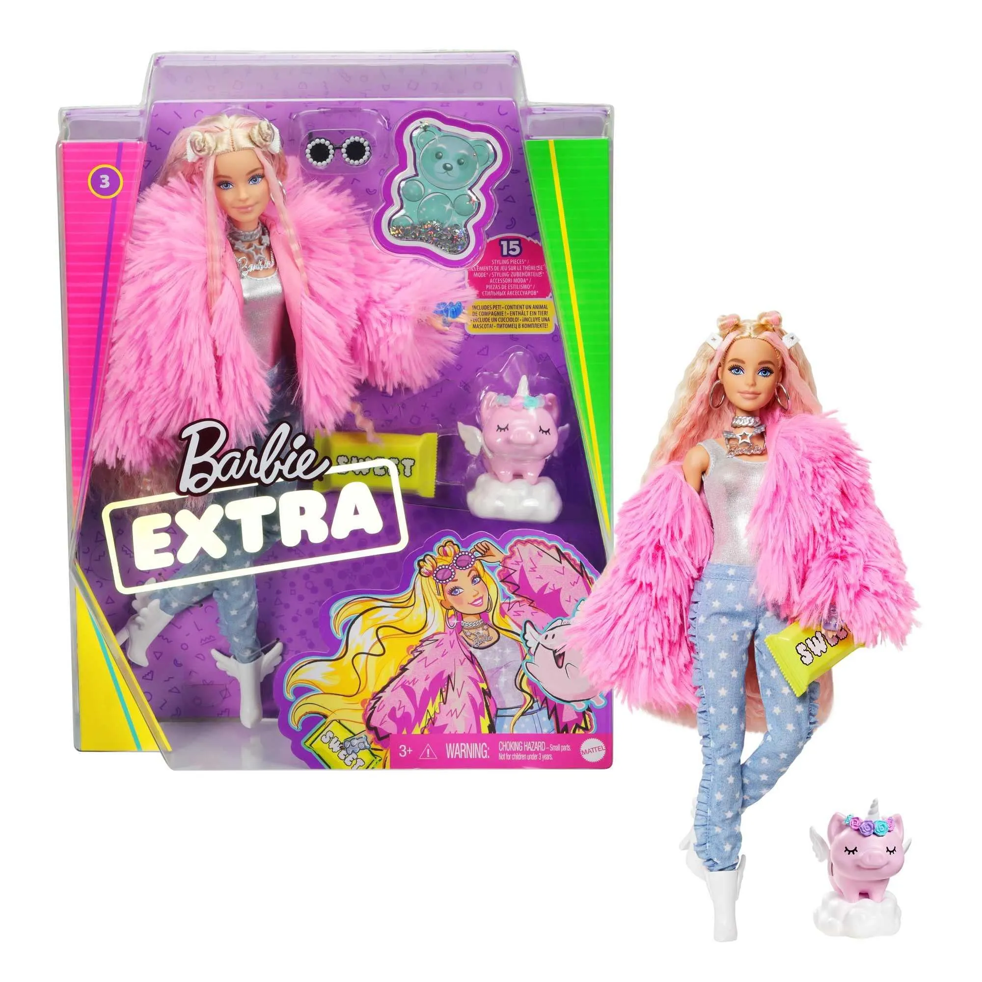 Barbie Extra Doll #3 - Pink Fluffy Coat with Unicorn Pig Pet