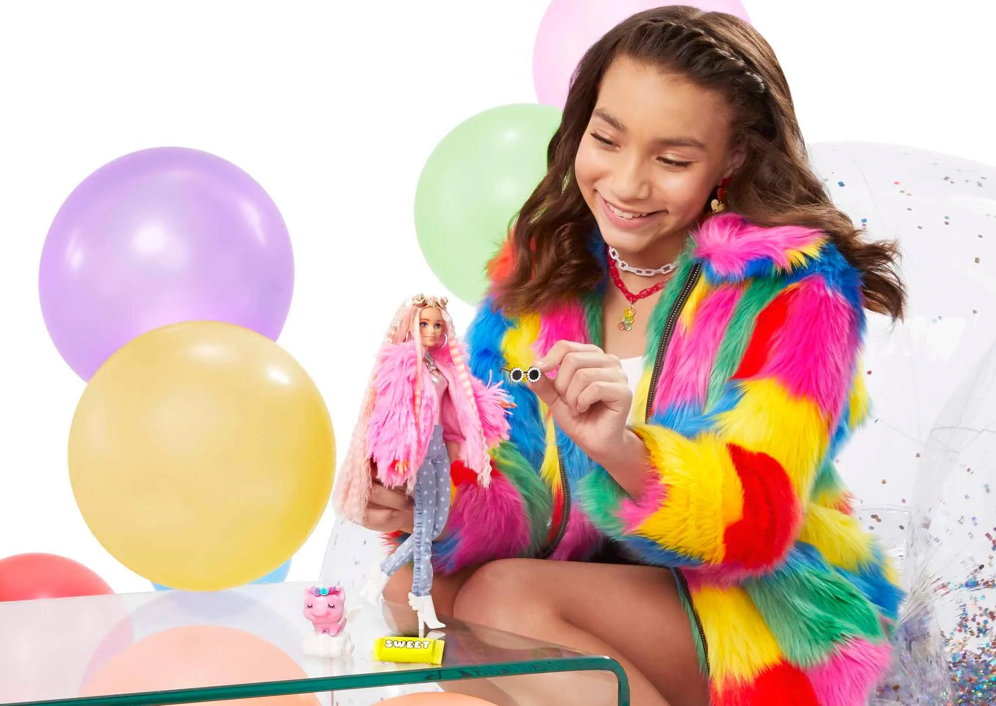 Barbie Extra Doll #3 - Pink Fluffy Coat with Unicorn Pig Pet