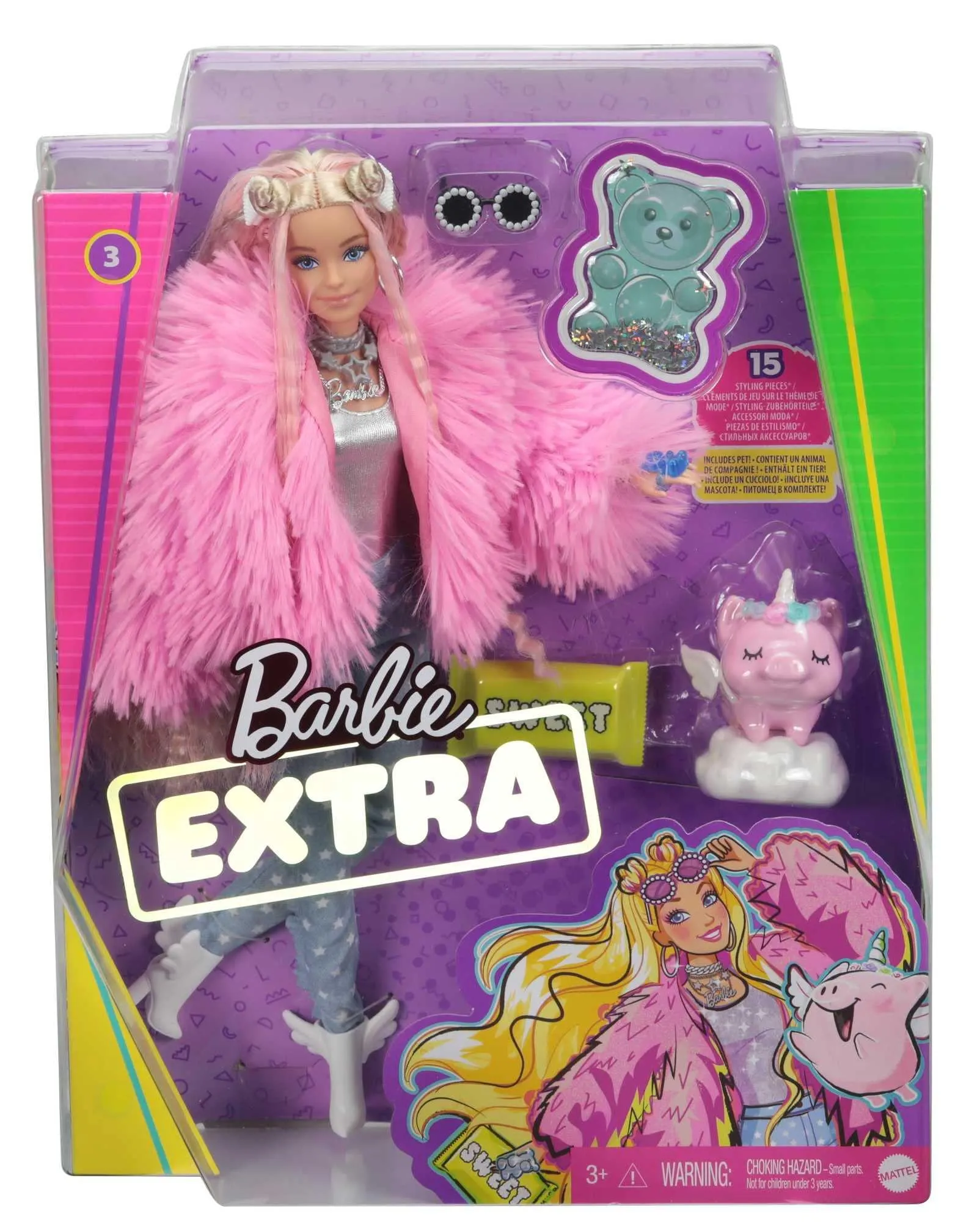 Barbie Extra Doll #3 - Pink Fluffy Coat with Unicorn Pig Pet