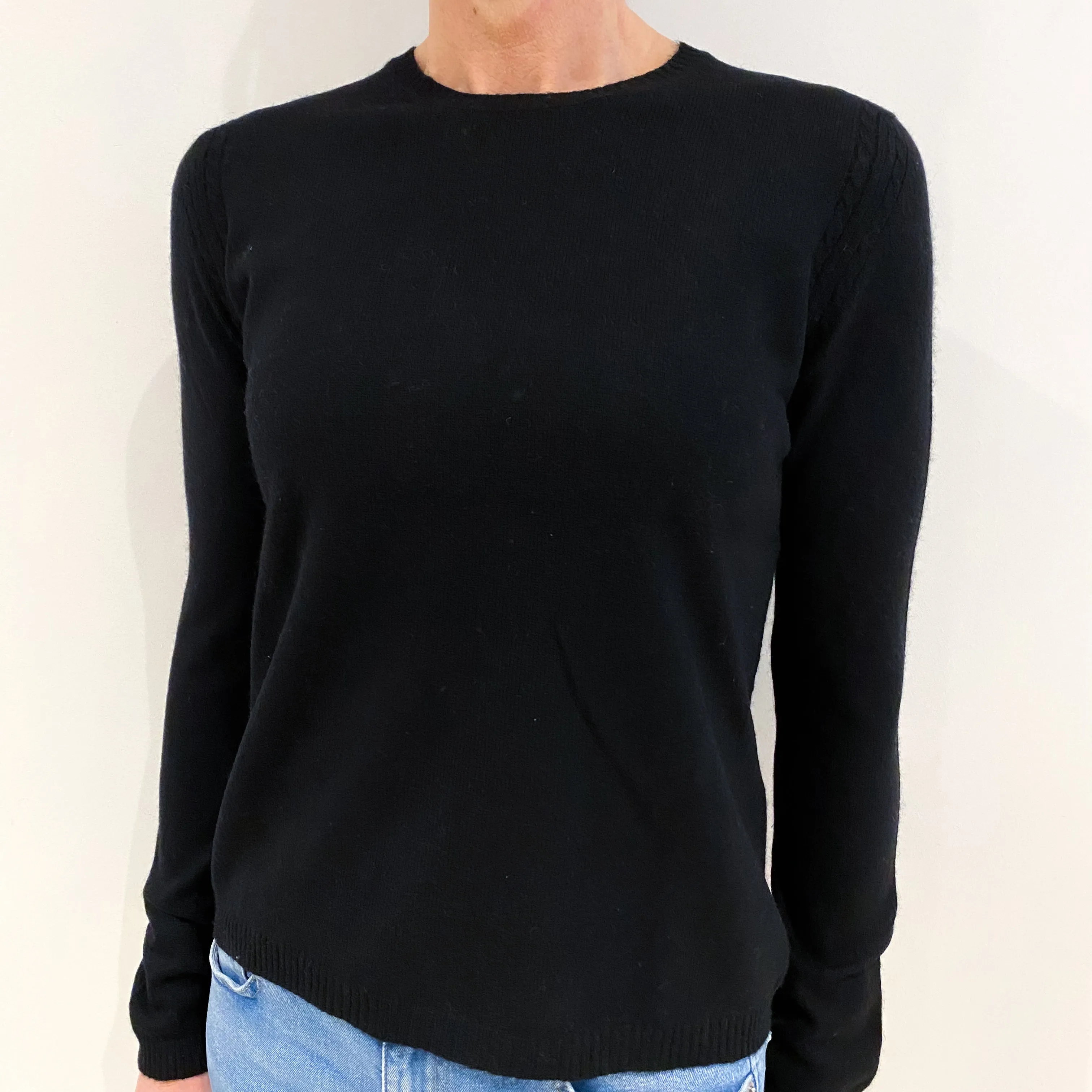 Black Cashmere Crew Neck Jumper with Cable Detail on Top of Sleeve Small