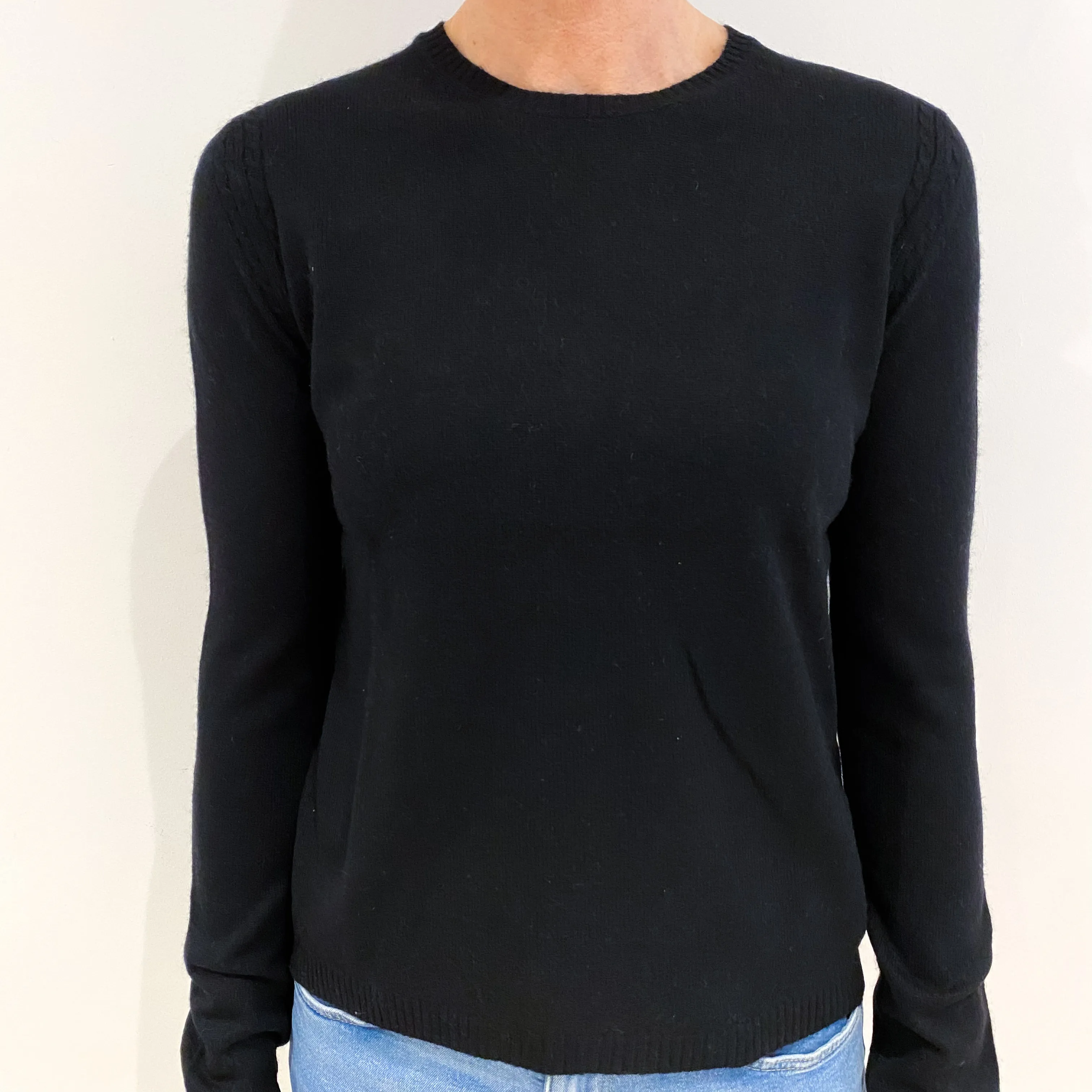 Black Cashmere Crew Neck Jumper with Cable Detail on Top of Sleeve Small
