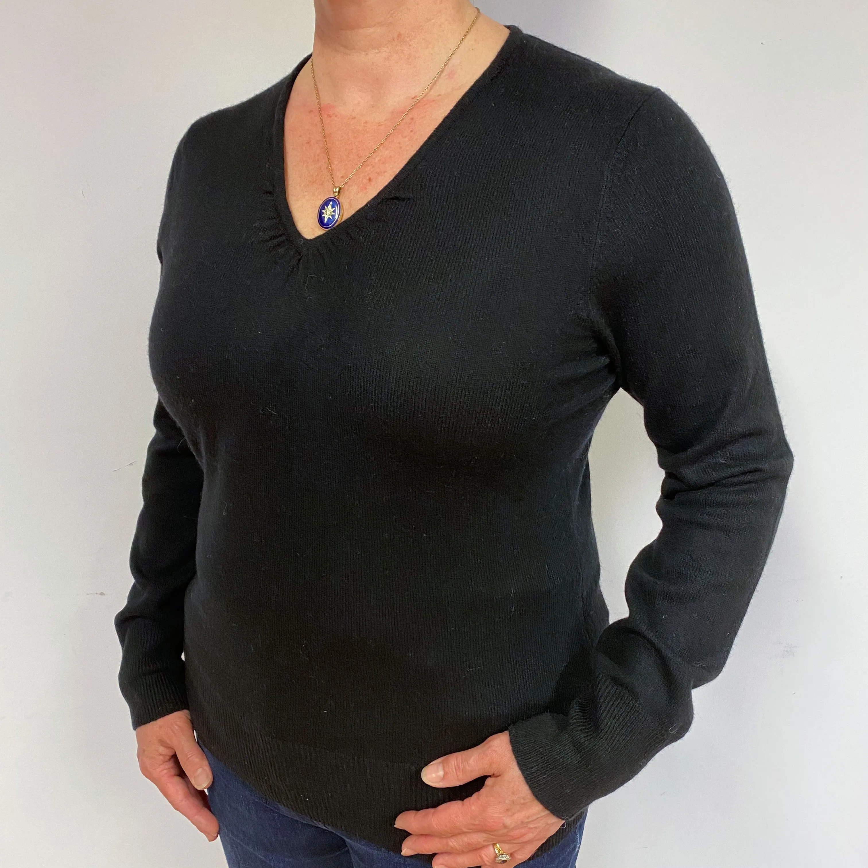 Black Cashmere Ruched V-Neck Jumper Large