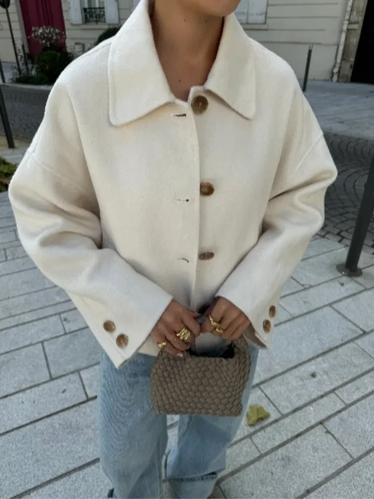 Chicmy-Single Breasted Lapel Solid Woolen Women's Jacket Long Sleeved Quilted Coat High Street 2024 Autumn Female Versatile Outerwear