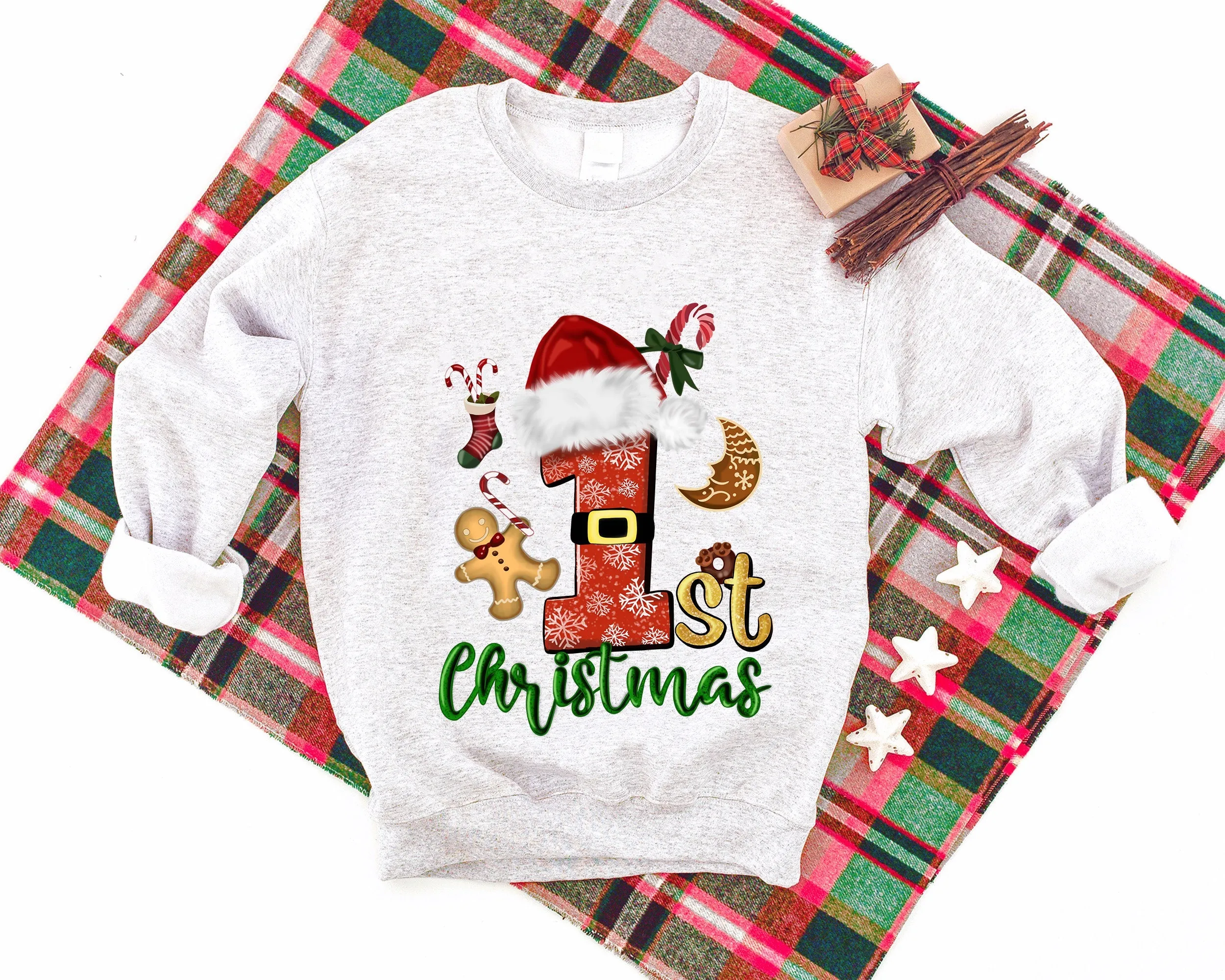 Christmas Elements Patterned and '1st Christmas' Letter Print Patterned Light-gray Color Casual Long Sleeve Sweatshirts  Family Matching Pajamas Tops With Dog Bandana