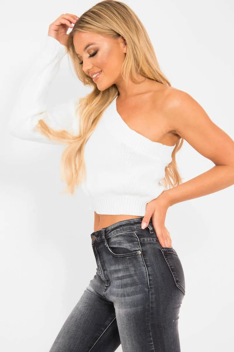 Cream Knitted One Shoulder Jumper - Jayleah
