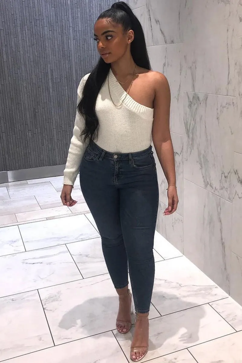 Cream Knitted One Shoulder Jumper - Jayleah