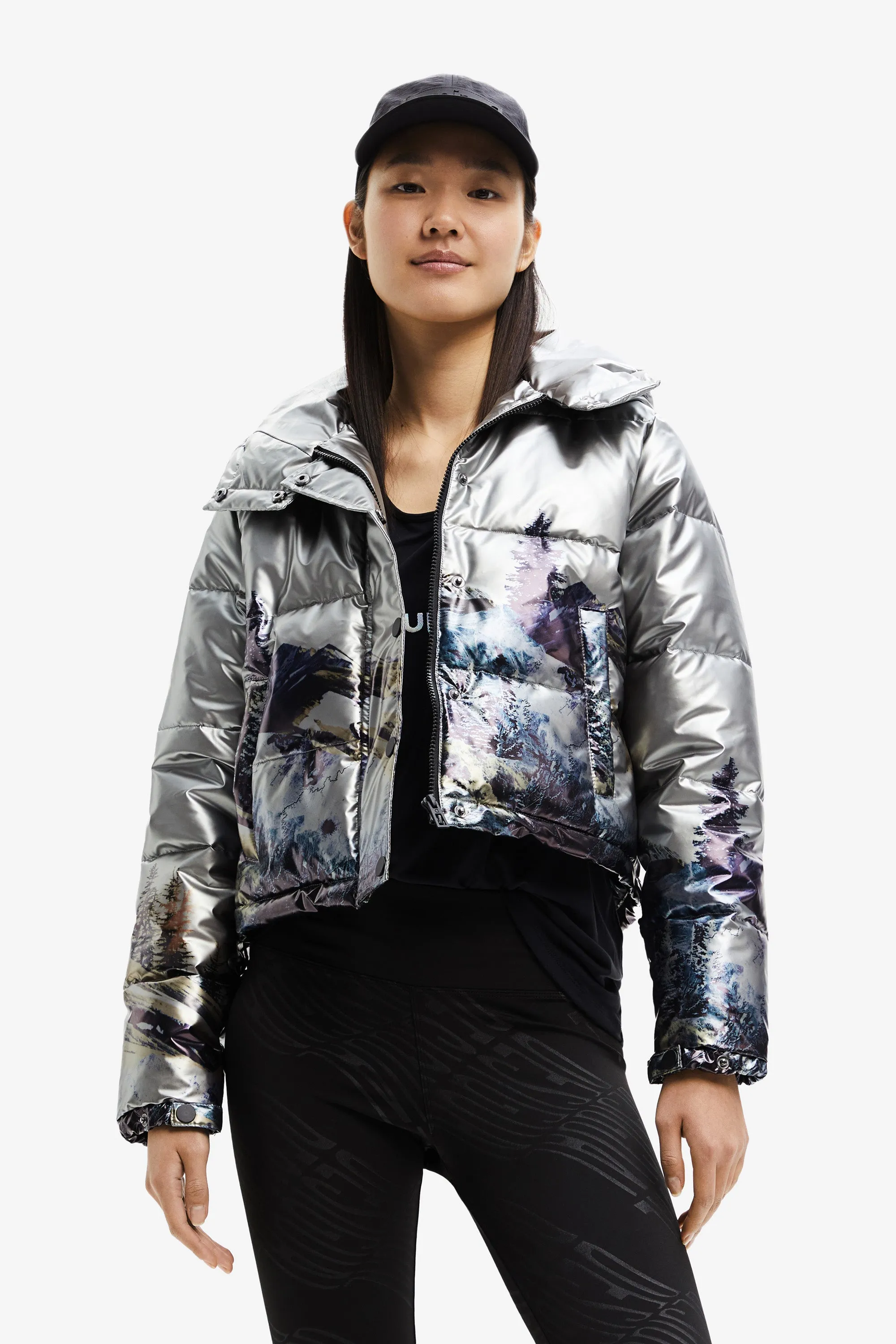 Desigual Padded Vintage Landscape Metallic Silver Coat 22WWEW73 AW22