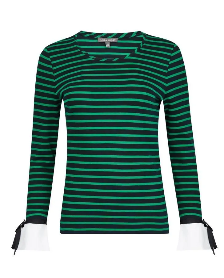 Green Striped Top with Bow Cuffs