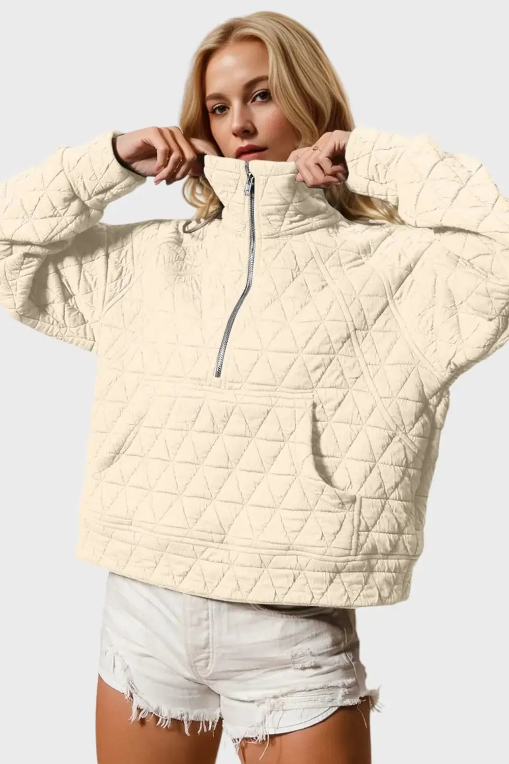 Half Zip Long Sleeve Quilted Sweatshirt with Pocket