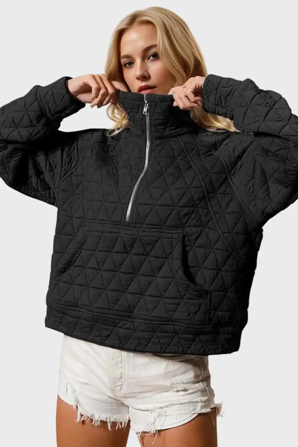 Half Zip Long Sleeve Quilted Sweatshirt with Pocket