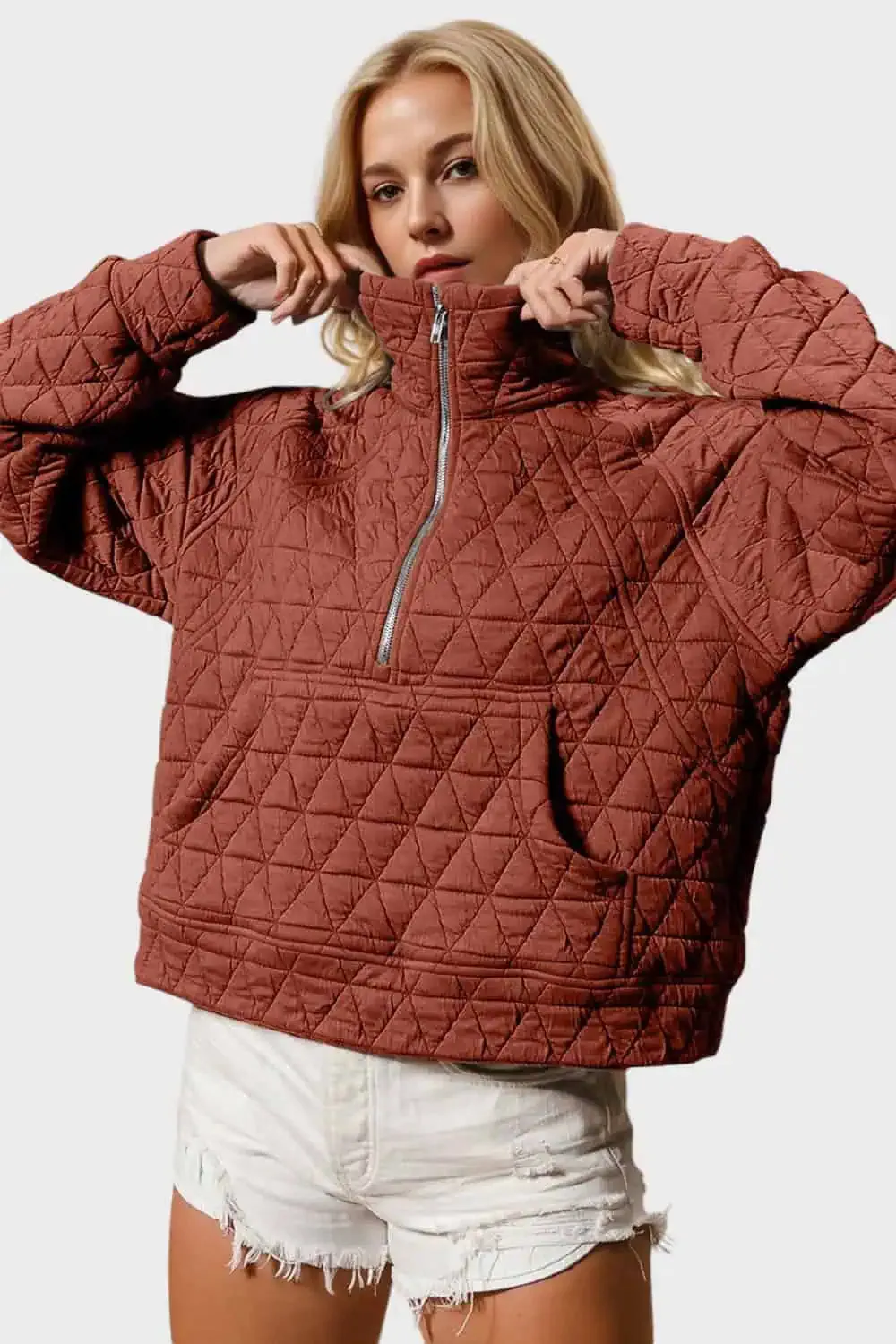 Half Zip Long Sleeve Quilted Sweatshirt with Pocket