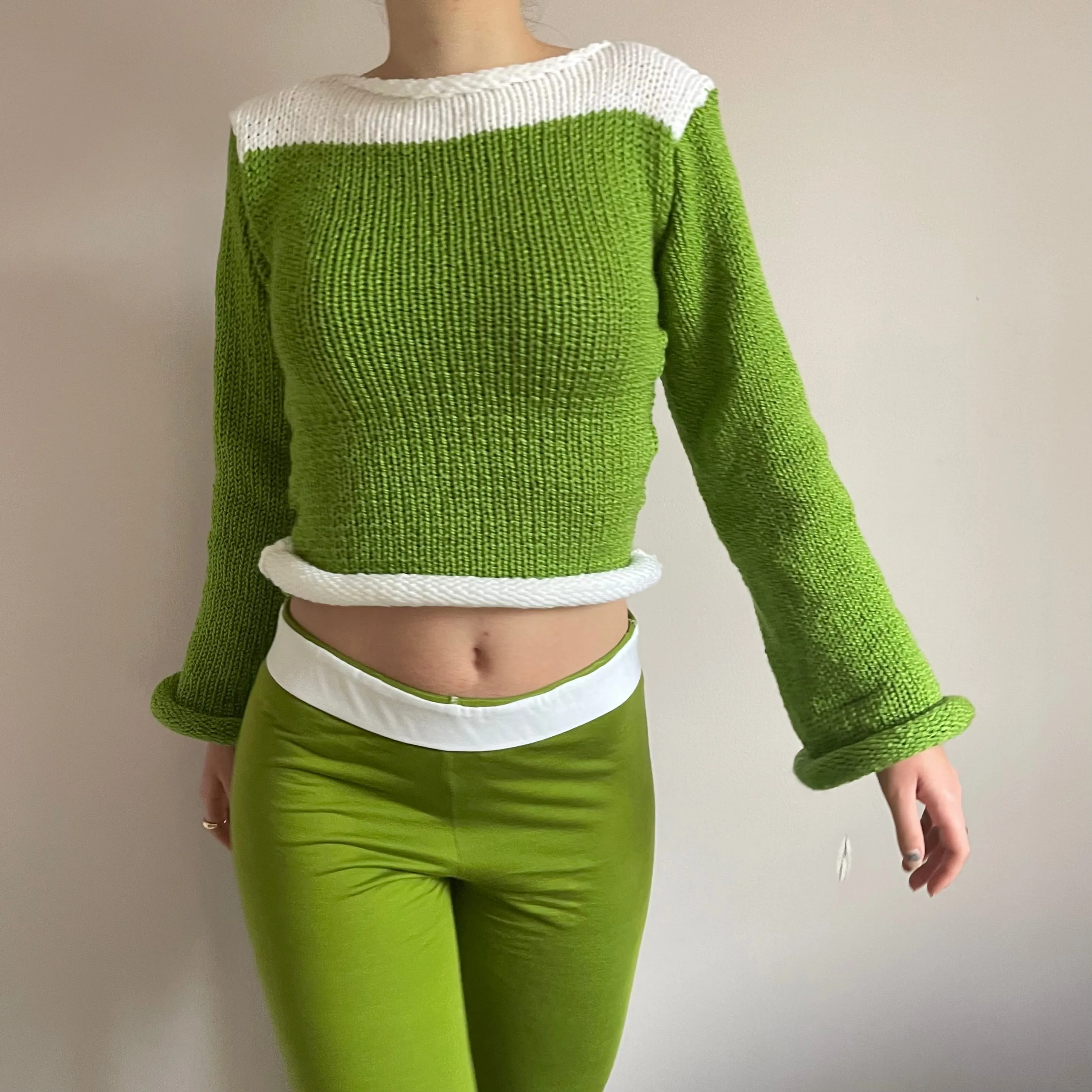 Handmade knitted colour block jumper in green and white