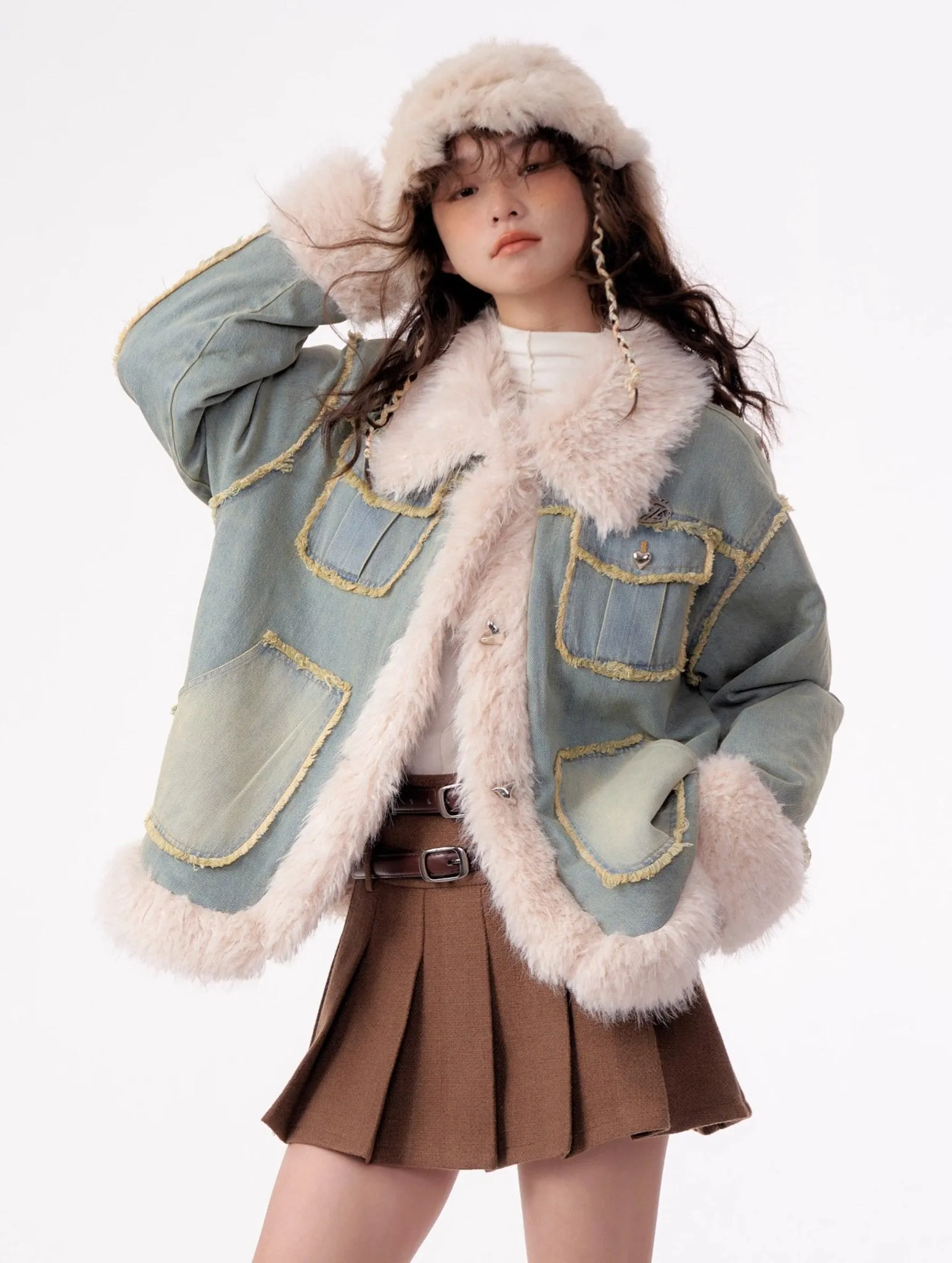 High-end Quilted Lamb Plush Denim Cotton Coat ZIZ0012