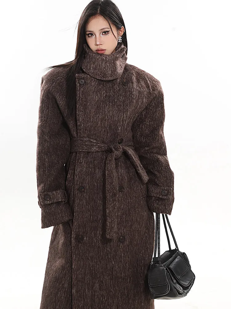 High-end Quilted Thickened Hepburn Wool High Collar Long Coat UNC0157