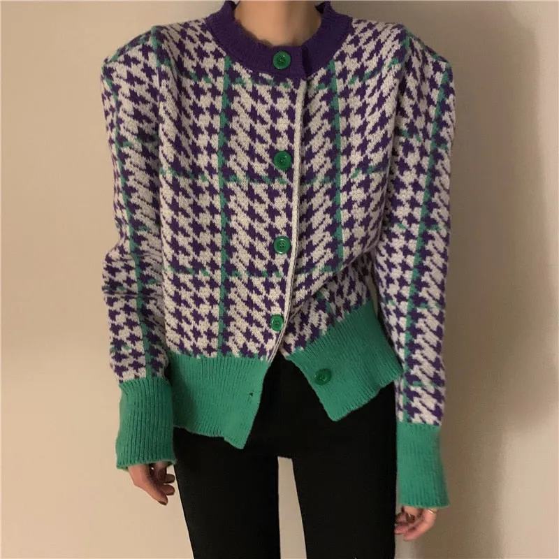 Houndstooth Women Cardigan Sweater Fashion Plaid Loose Korean Single Breasted Patchwork Office Ladies Knitted Coat 2022 New