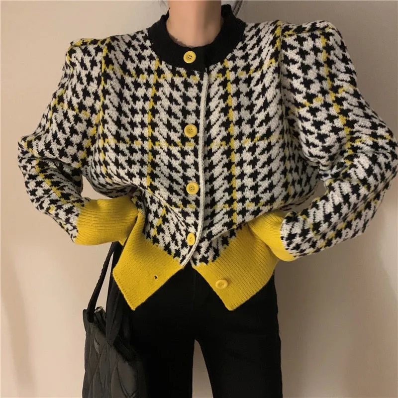 Houndstooth Women Cardigan Sweater Fashion Plaid Loose Korean Single Breasted Patchwork Office Ladies Knitted Coat 2022 New
