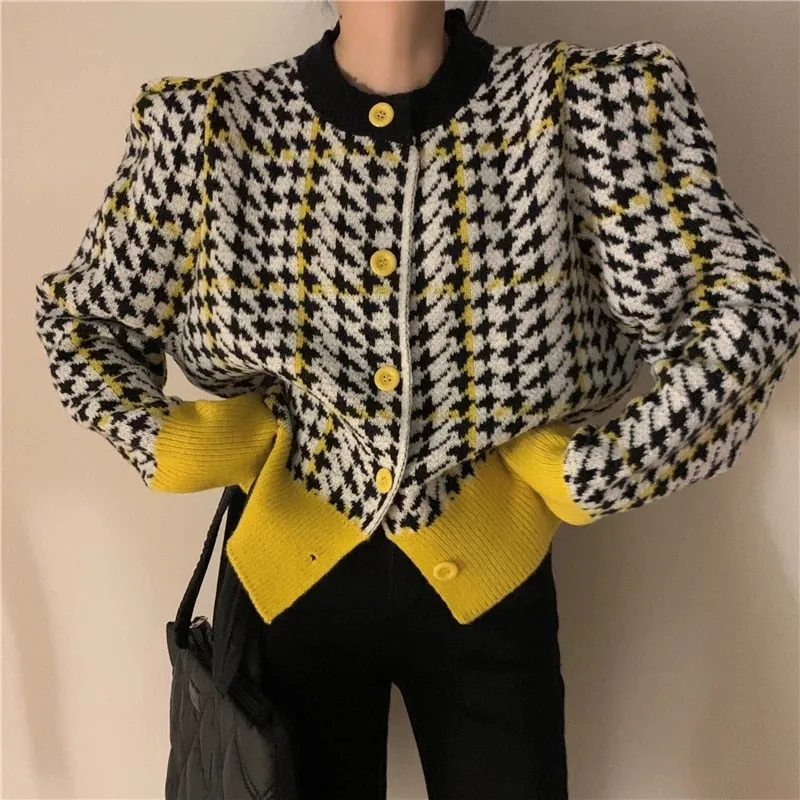 Houndstooth Women Cardigan Sweater Fashion Plaid Loose Korean Single Breasted Patchwork Office Ladies Knitted Coat 2022 New