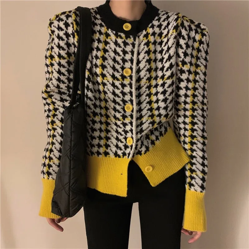 Houndstooth Women Cardigan Sweater Fashion Plaid Loose Korean Single Breasted Patchwork Office Ladies Knitted Coat 2022 New