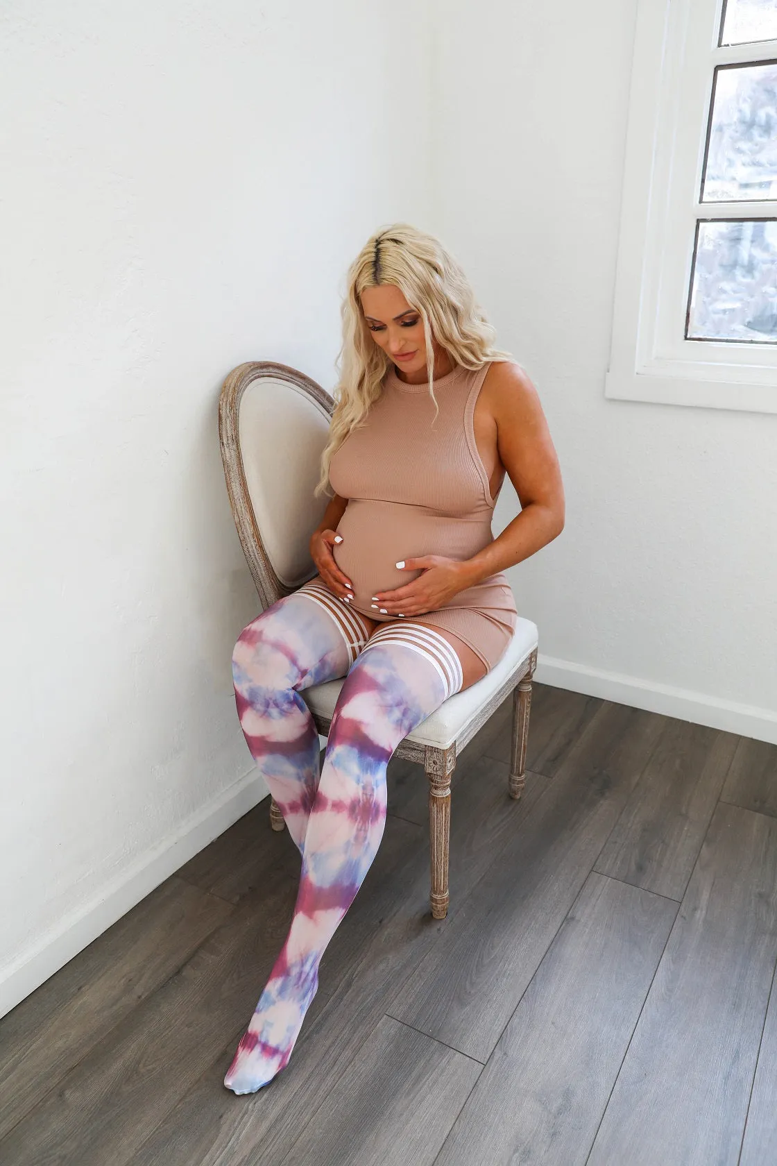 Madisen: Blue and Purple Tie Dye Thigh Highs. Petite to Plus Size