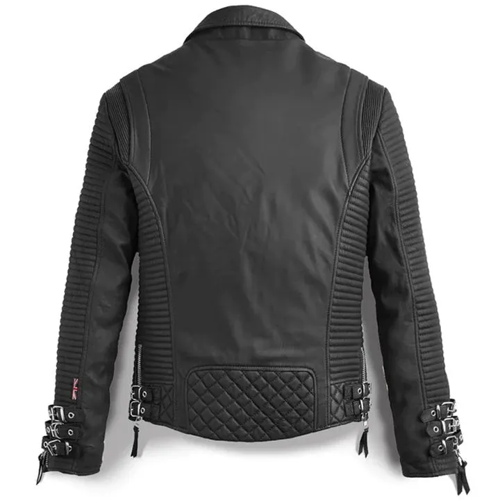 Mens Black Leather Biker Jacket with Pattern