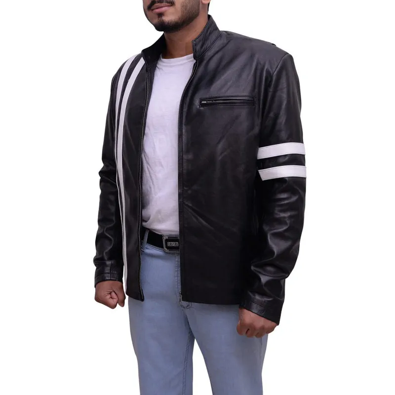 Mens Black Leather Jacket With White Stripes