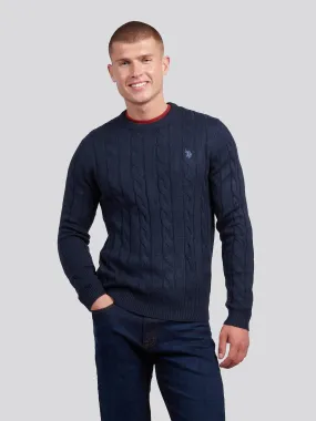 Mens Cable Knit Crew Neck in Dark Sapphire Navy / Moonlight Blue DHM