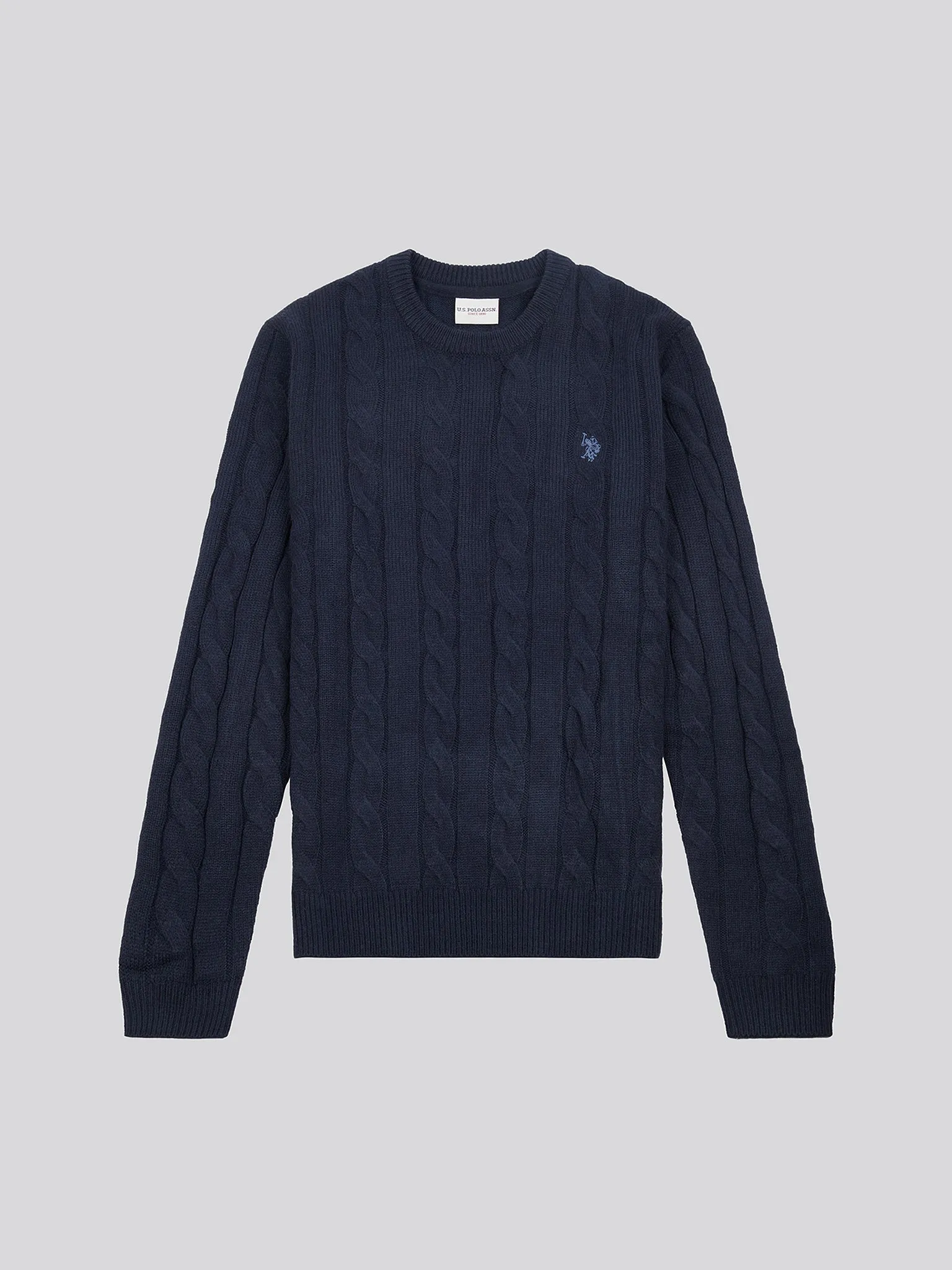 Mens Cable Knit Crew Neck in Dark Sapphire Navy / Moonlight Blue DHM