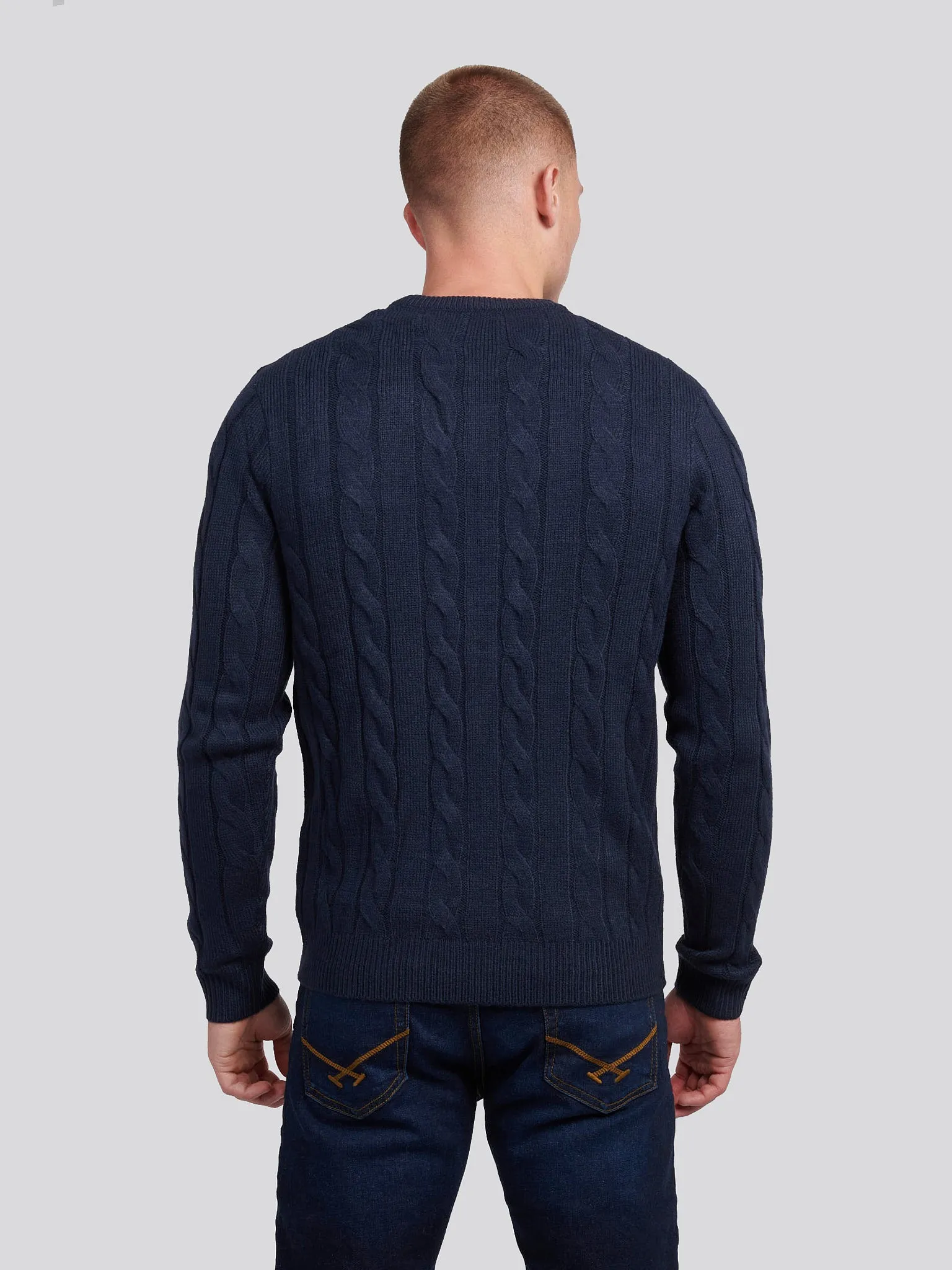 Mens Cable Knit Crew Neck in Dark Sapphire Navy / Moonlight Blue DHM