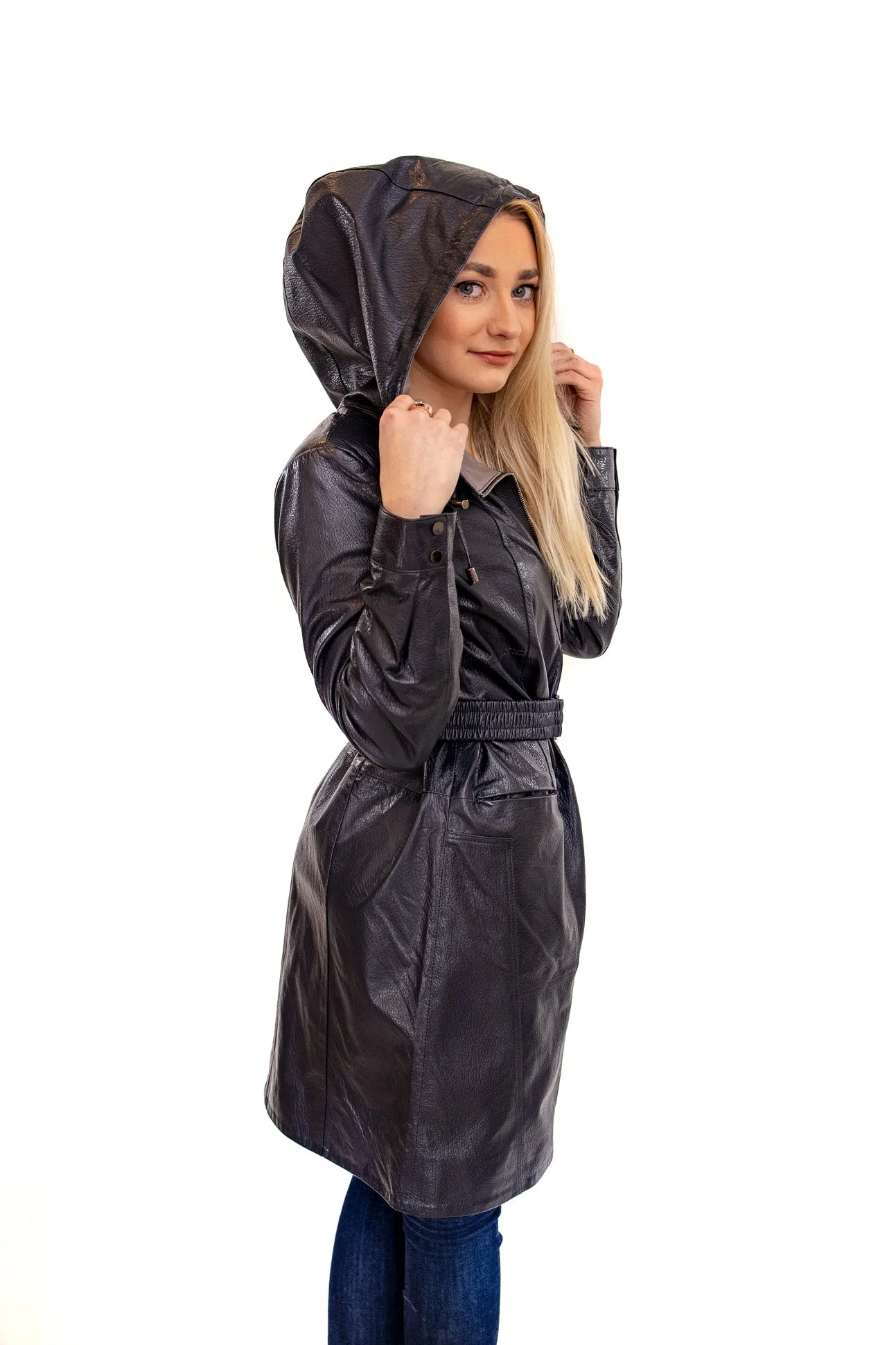 Navy Leather Stroller with Hood