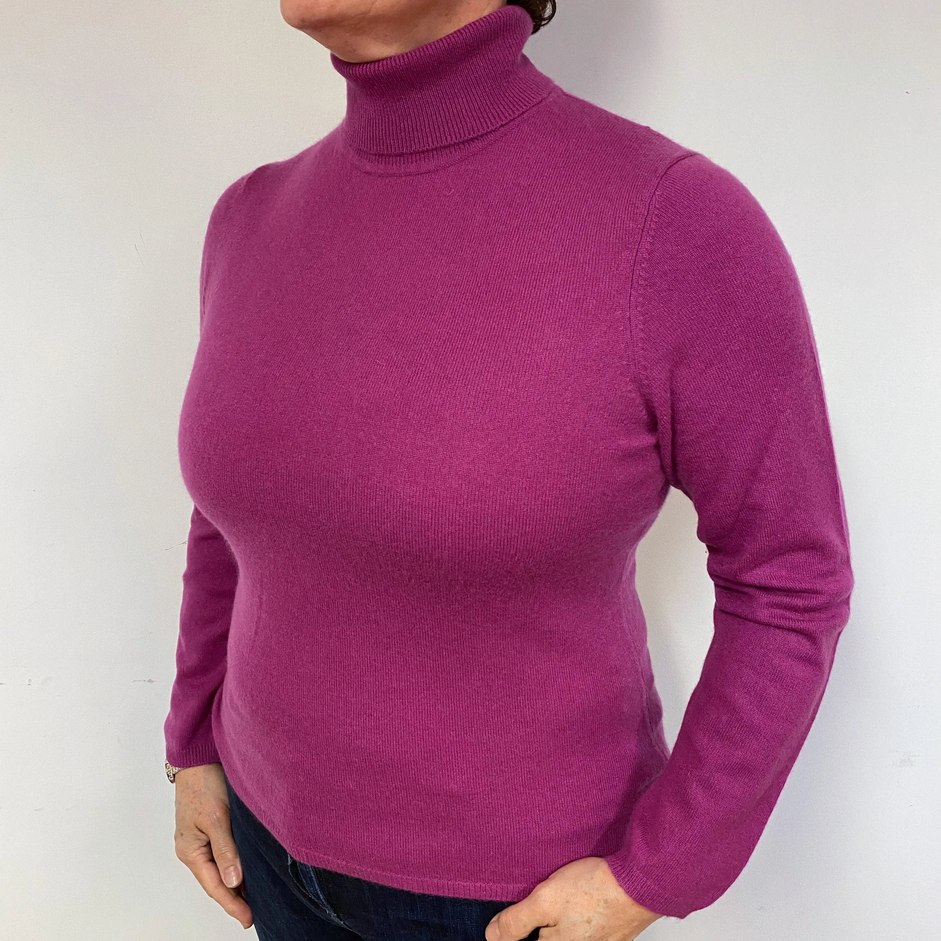 Slim Magenta Pink Cashmere Polo Neck Jumper Large