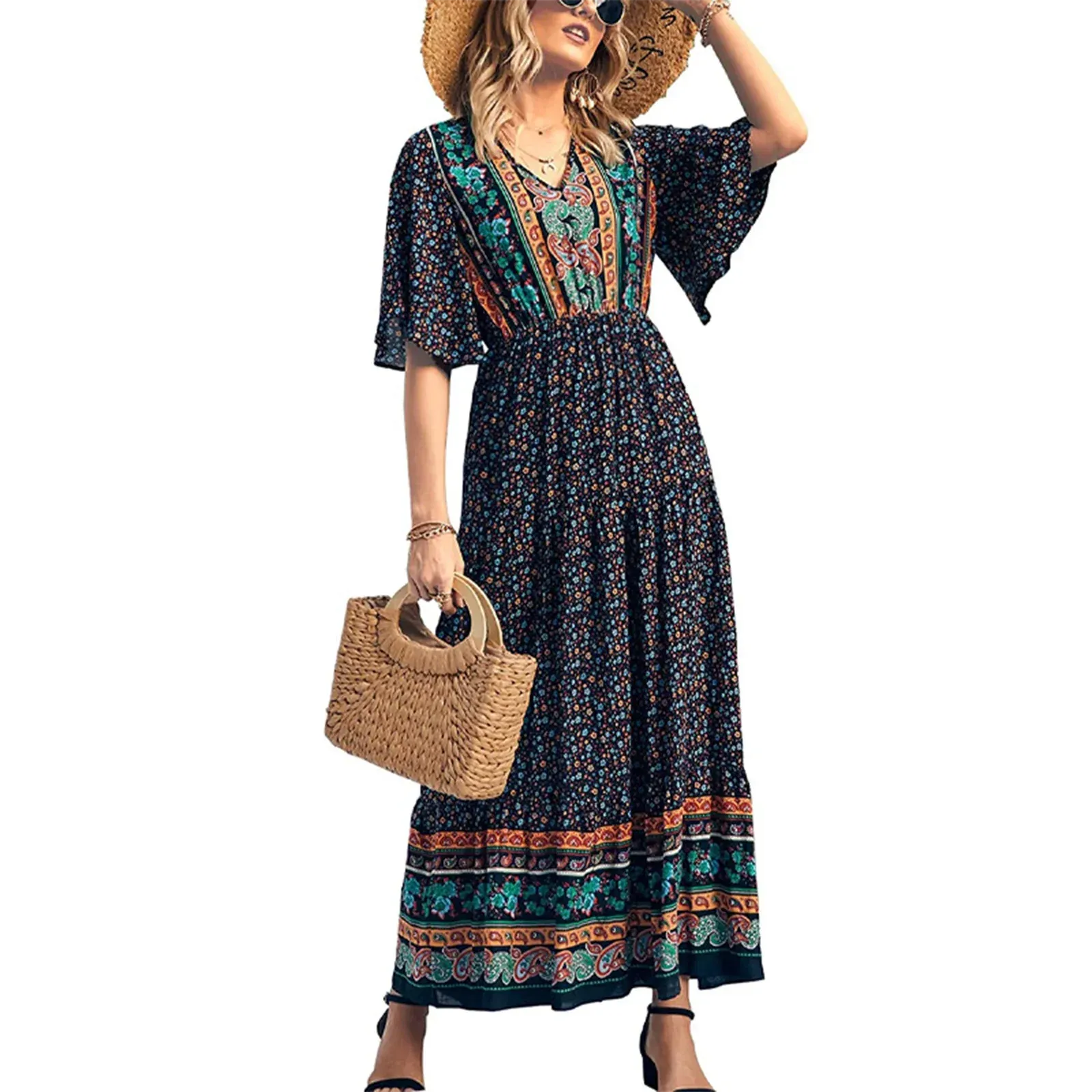 Summer Slip Dress Abstract Print V-Neck Sleeveless Tie-up Slim Long Elegant Slim Fitted Fashion Casual Women Dress