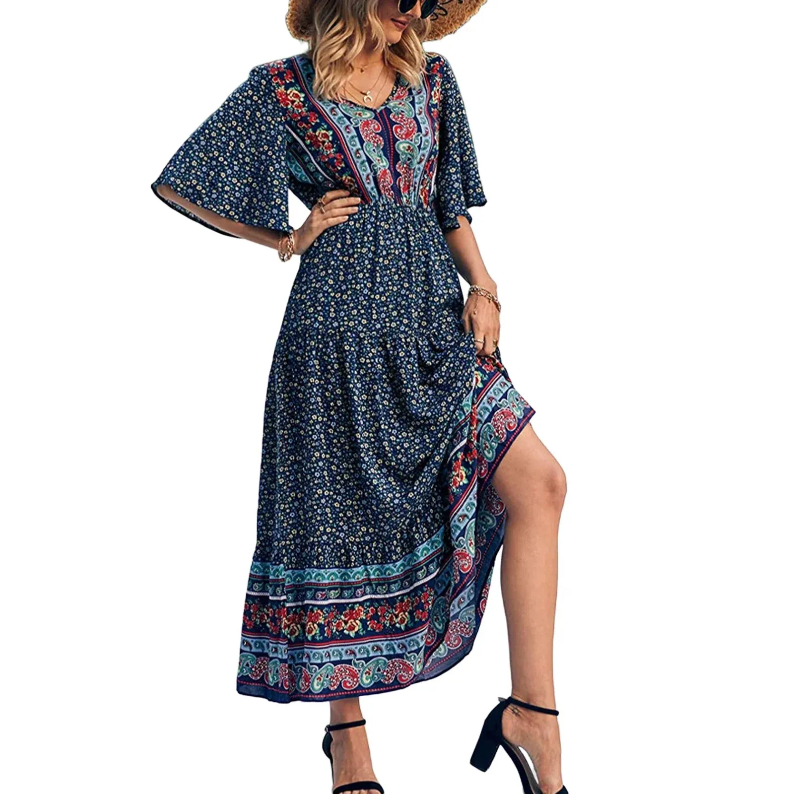 Summer Slip Dress Abstract Print V-Neck Sleeveless Tie-up Slim Long Elegant Slim Fitted Fashion Casual Women Dress