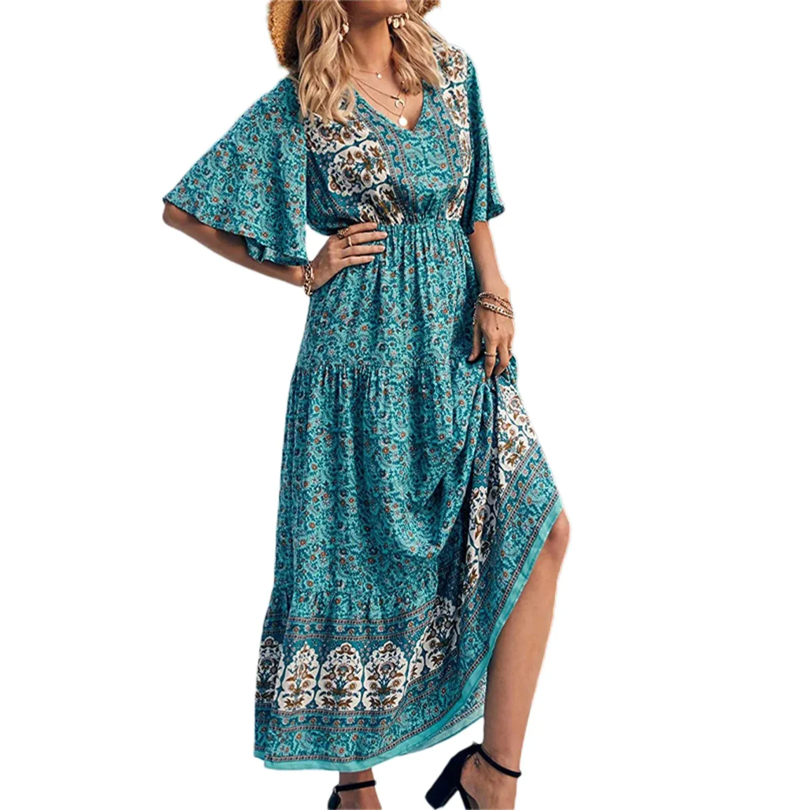 Summer Slip Dress Abstract Print V-Neck Sleeveless Tie-up Slim Long Elegant Slim Fitted Fashion Casual Women Dress