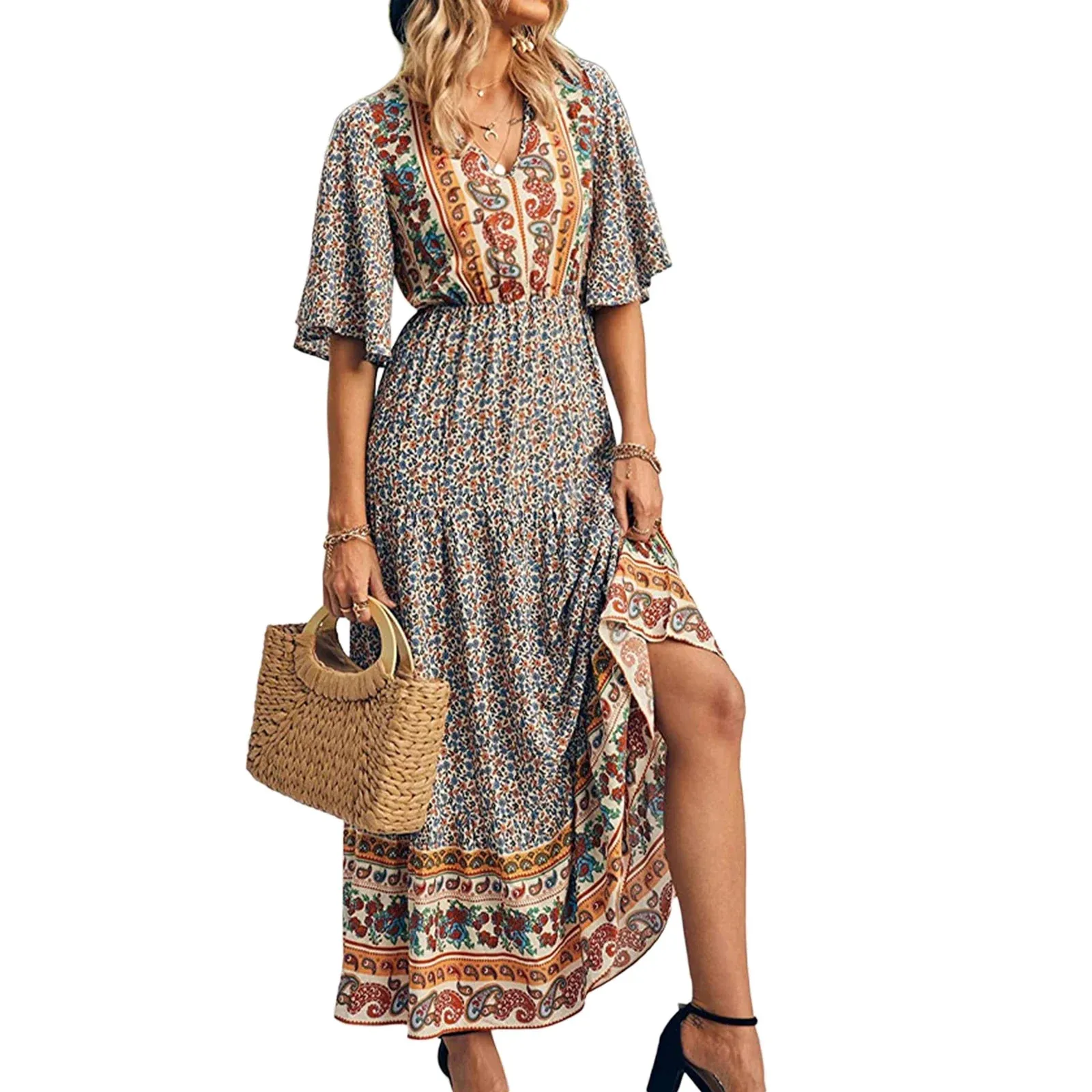 Summer Slip Dress Abstract Print V-Neck Sleeveless Tie-up Slim Long Elegant Slim Fitted Fashion Casual Women Dress