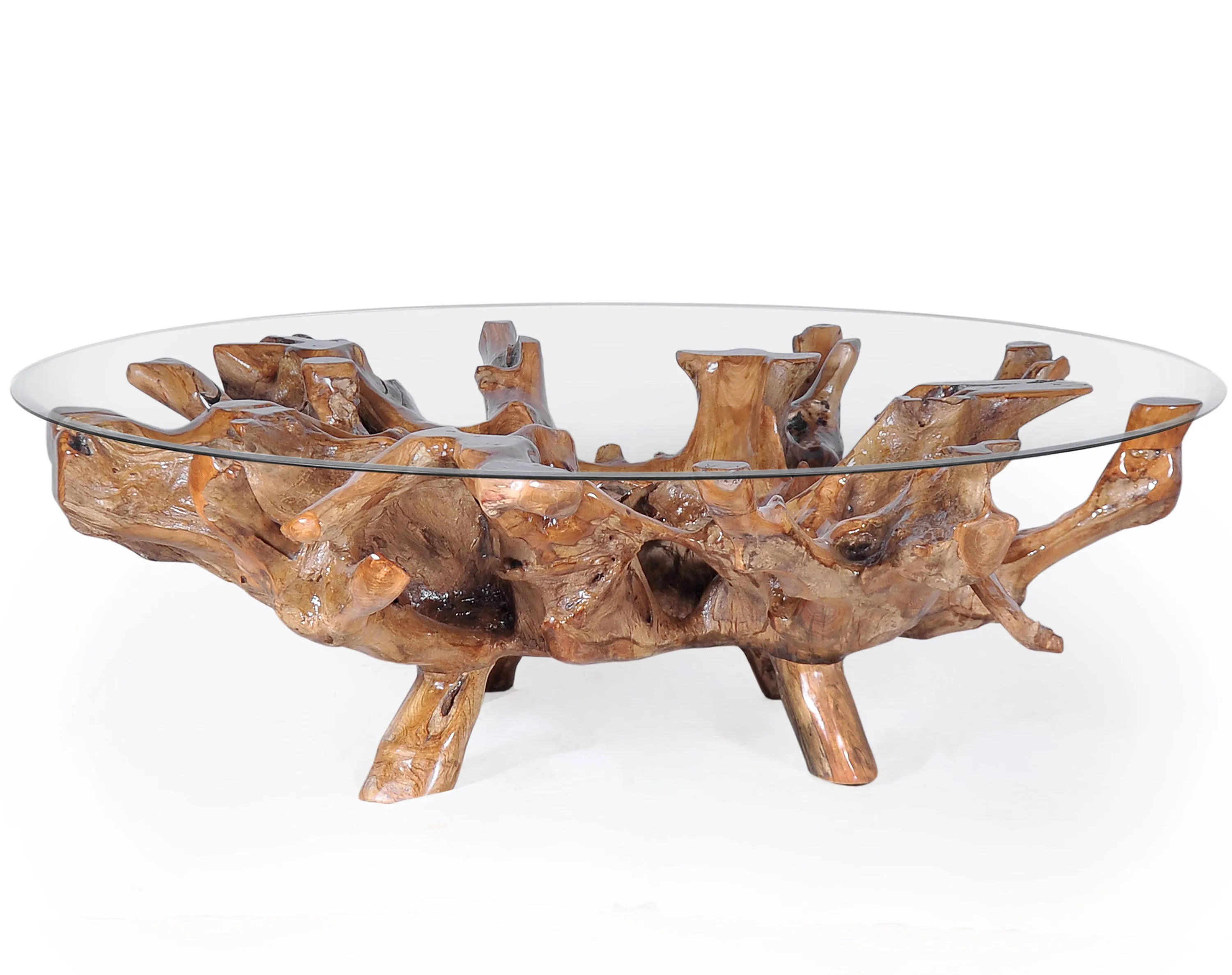 Teak Wood Root Coffee Table including a 63" Round Glass Top