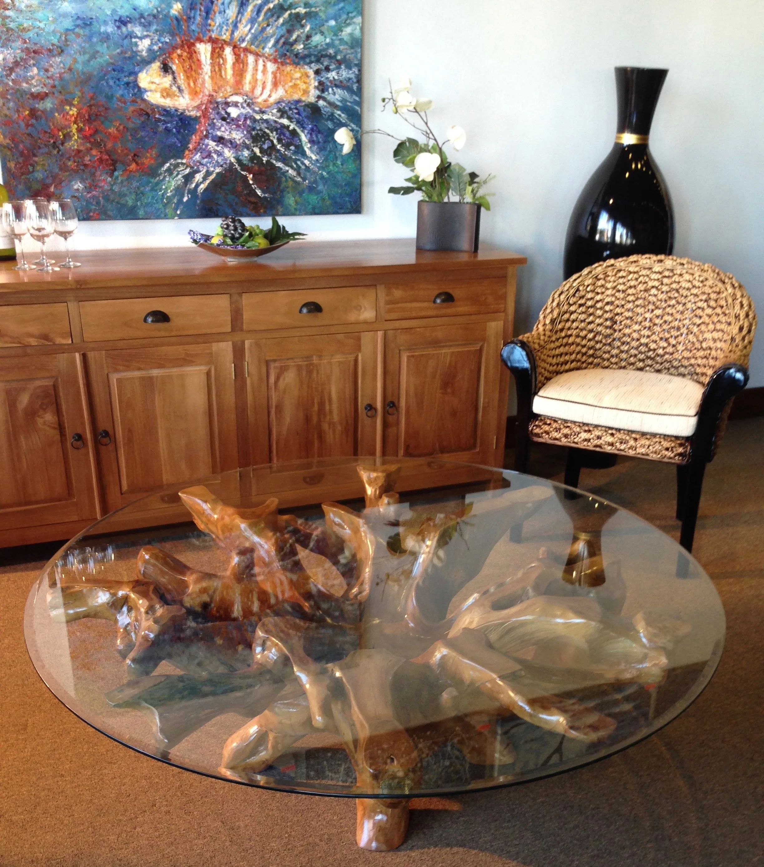 Teak Wood Root Coffee Table including a 63" Round Glass Top
