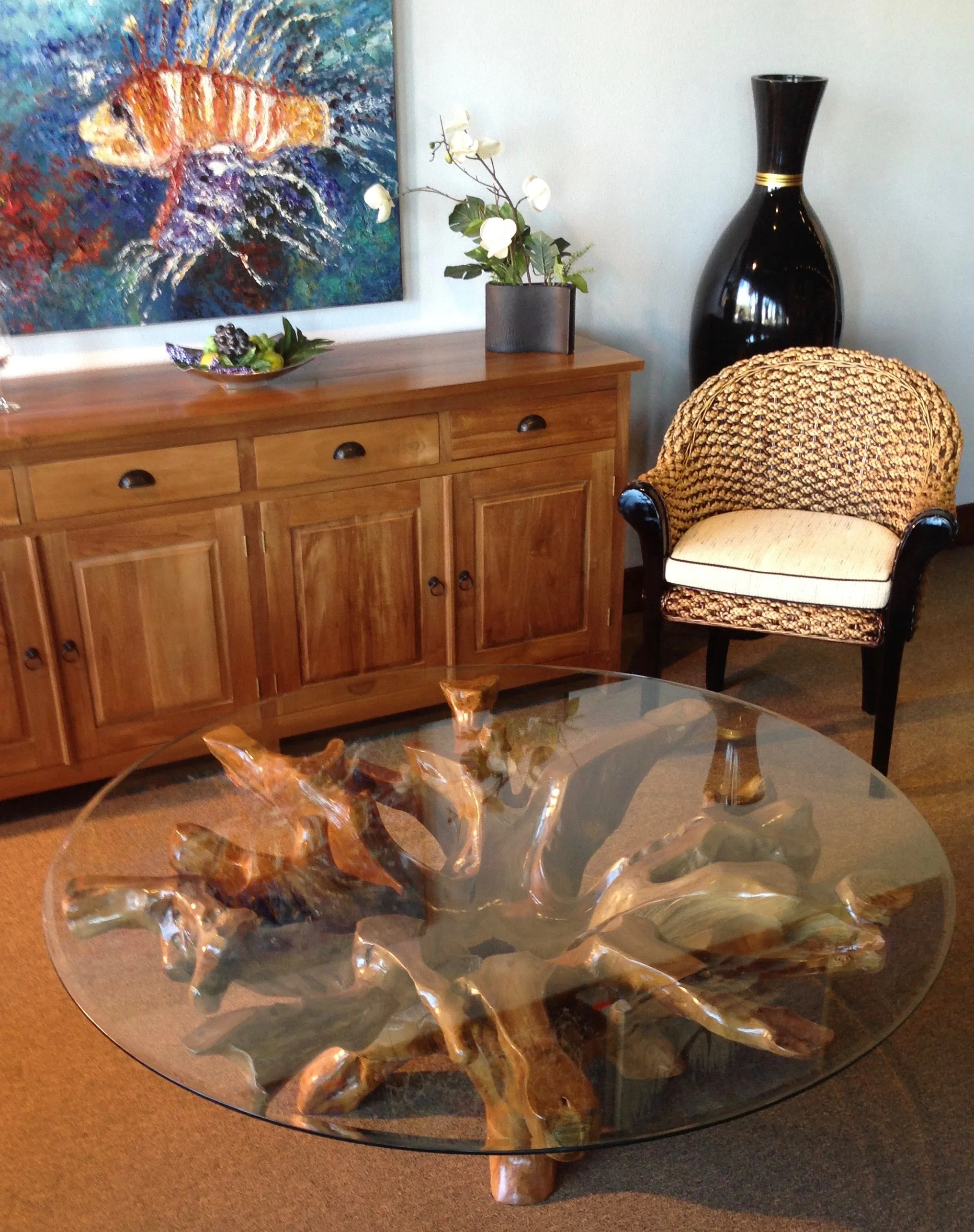 Teak Wood Root Coffee Table including a 63" Round Glass Top