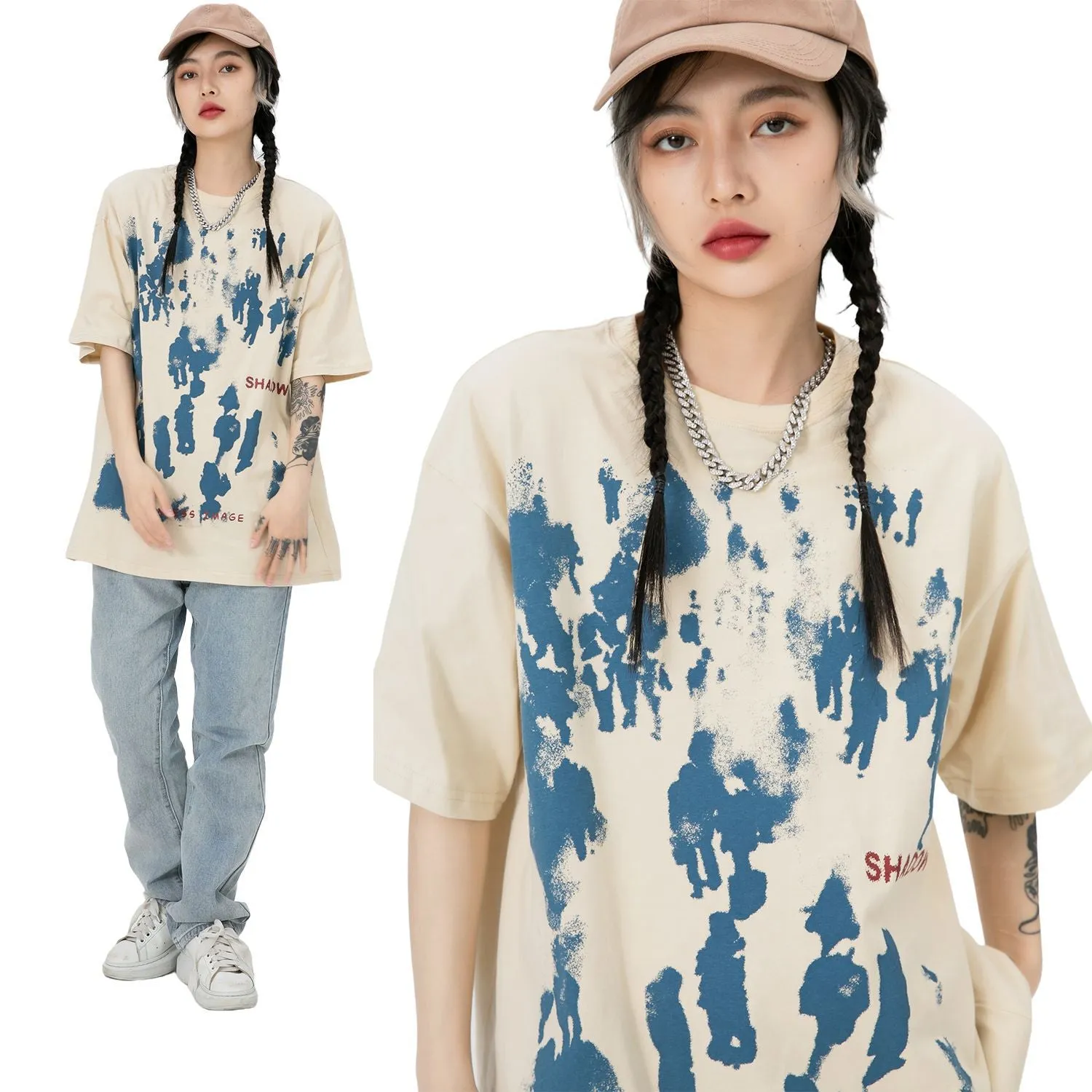 Toleet 90s streetwear Street High Street Abstract Figure Theme Oversize Short Sleeve T-shirt