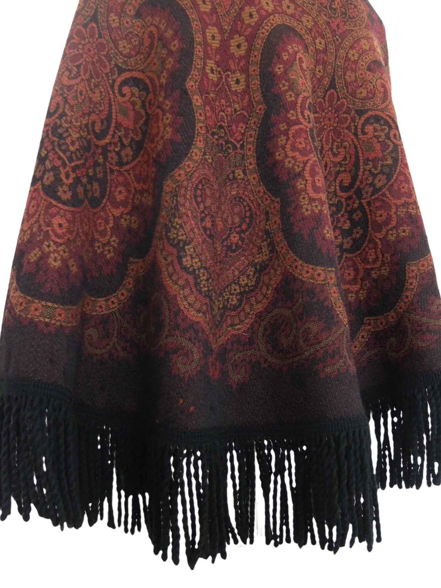 Vintage 80s Hippie Bohemian Art Nouveau Abstract Paisley Patterned Pullover Fringed Poncho Shawl | Size XS-S