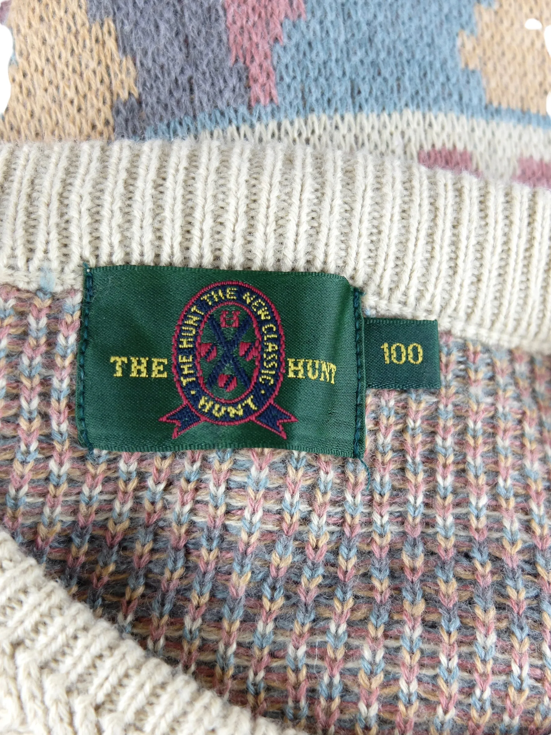 Vintage 80s Mens Wool Blend Bohemian Hippie Tan Multicoloured Abstract Patterned Knit Pullover Sweater Jumper | Size M