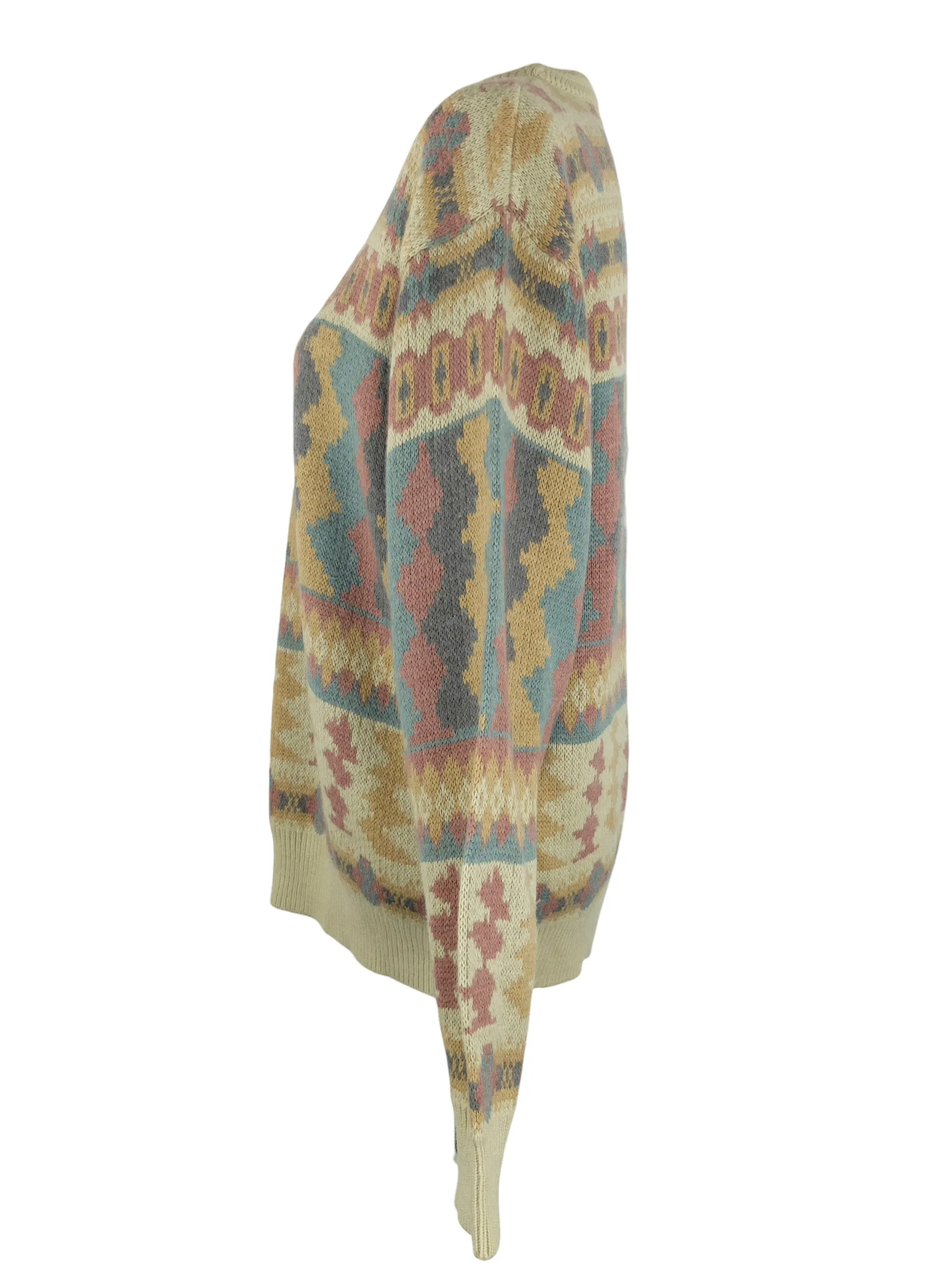 Vintage 80s Mens Wool Blend Bohemian Hippie Tan Multicoloured Abstract Patterned Knit Pullover Sweater Jumper | Size M