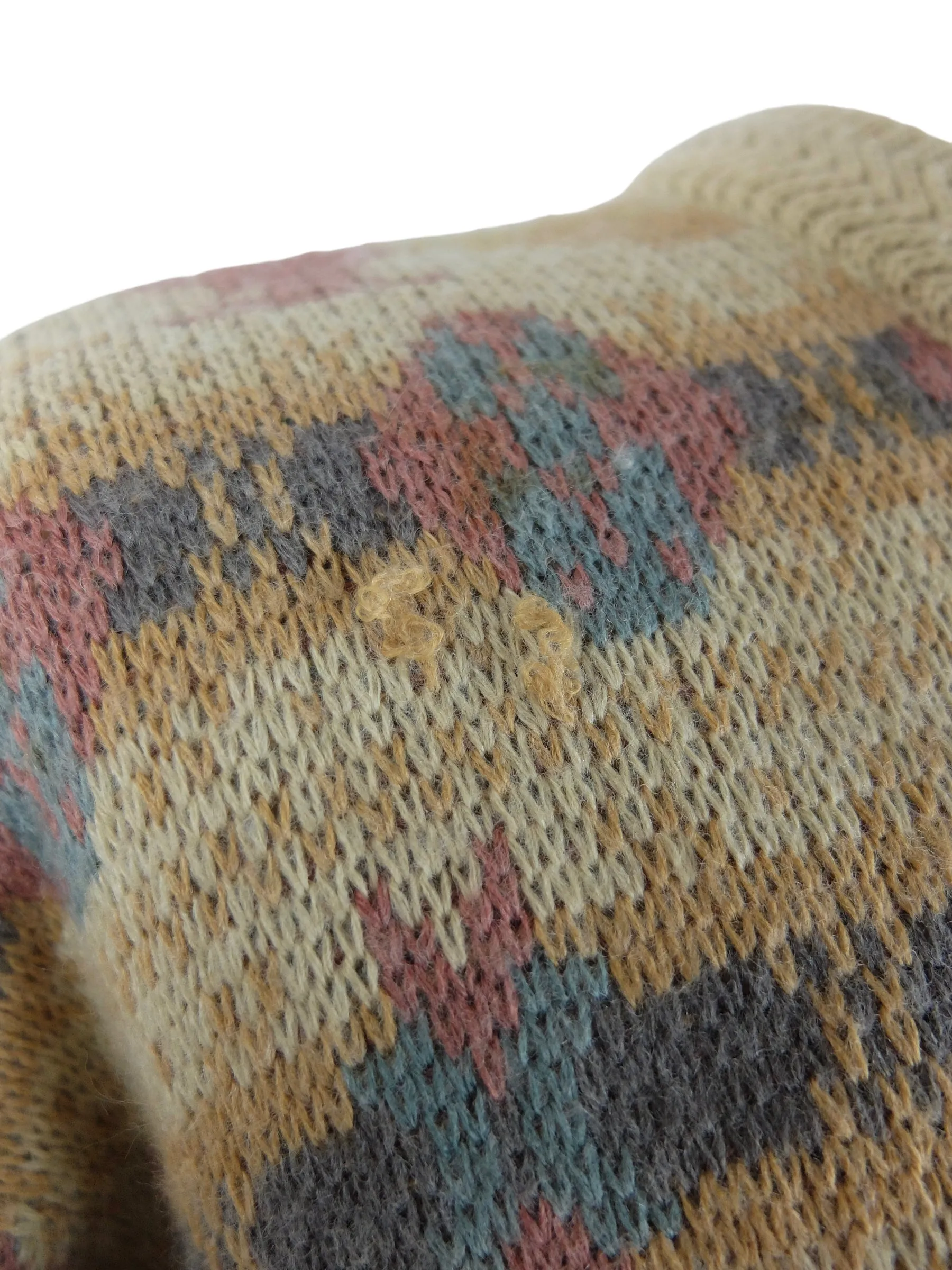 Vintage 80s Mens Wool Blend Bohemian Hippie Tan Multicoloured Abstract Patterned Knit Pullover Sweater Jumper | Size M